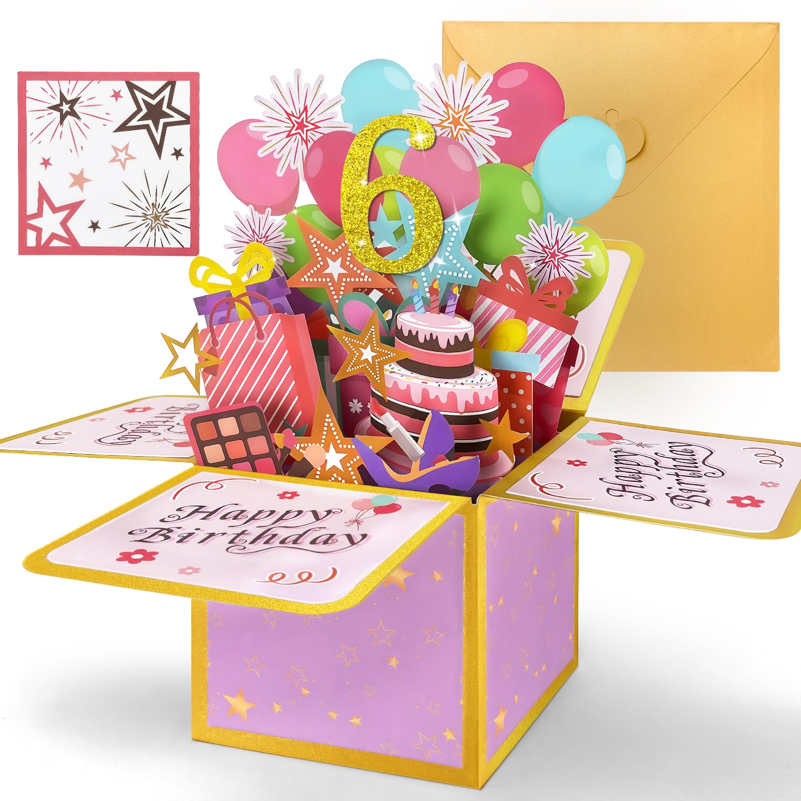 Hierein 6th Birthday Card, Pink Pop Up 6th Birthday Cards for Girl, 3D Sweet Happy Birthday Card, Popup Gift Box Greeting Cards for 6 Year Old Daughter Granddaughter Sister Niece Gift Decoration
