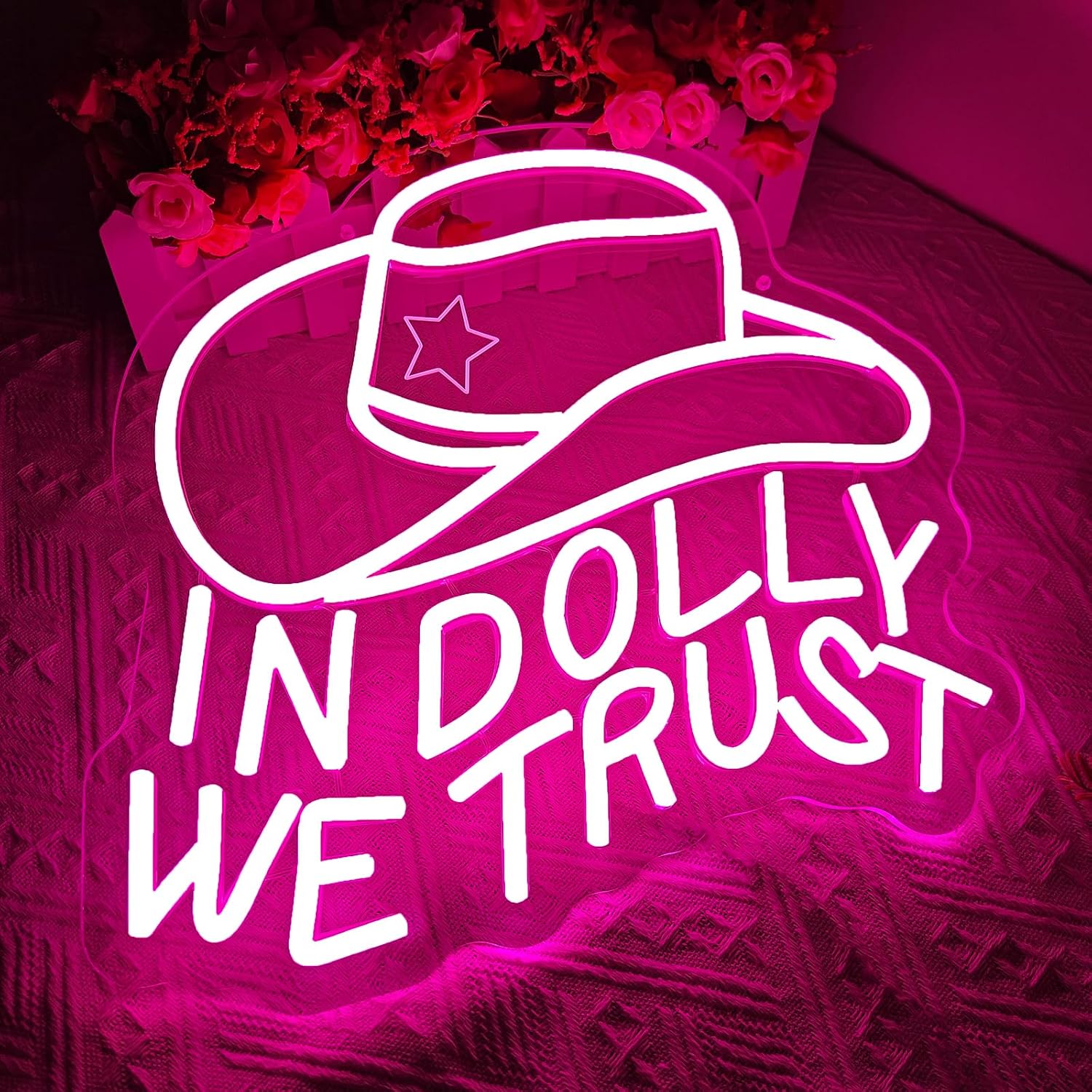 In Dolly We Trust Neon Sign,Cowgirl Neon Signs for Wall Decor Country Retro Style Dimmable Pink Cowgirl Hat LED Light for Cowboy Themed Party Dolly Music Parton Fans Gift