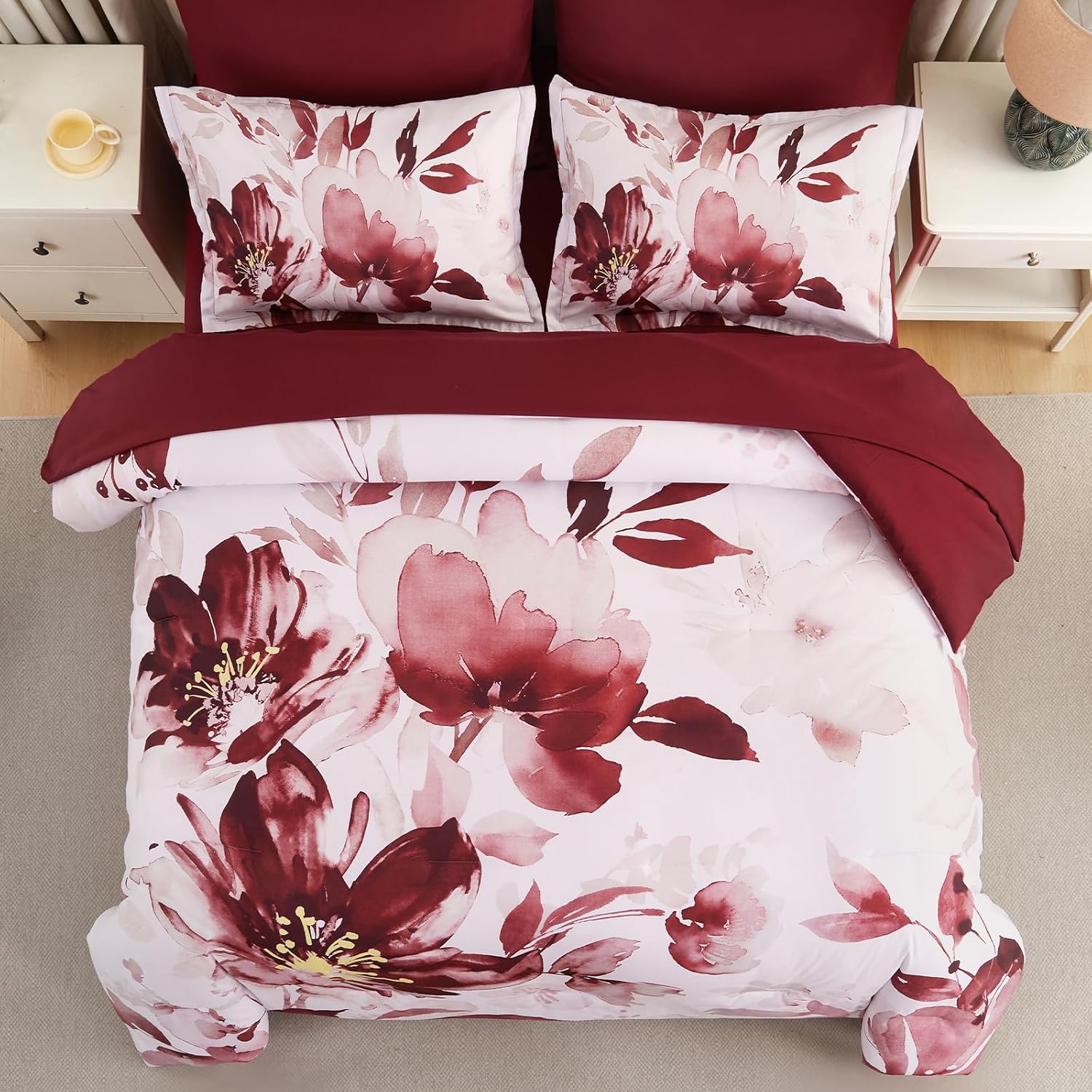 Luxudecor Floral Comforter Set Queen Size, 7 Piece Burgundy Flower Set Bed in a Bag,Soft Microfiber Farmhouse Shabby Chic Bedding Set for All Seasons(90"x90")