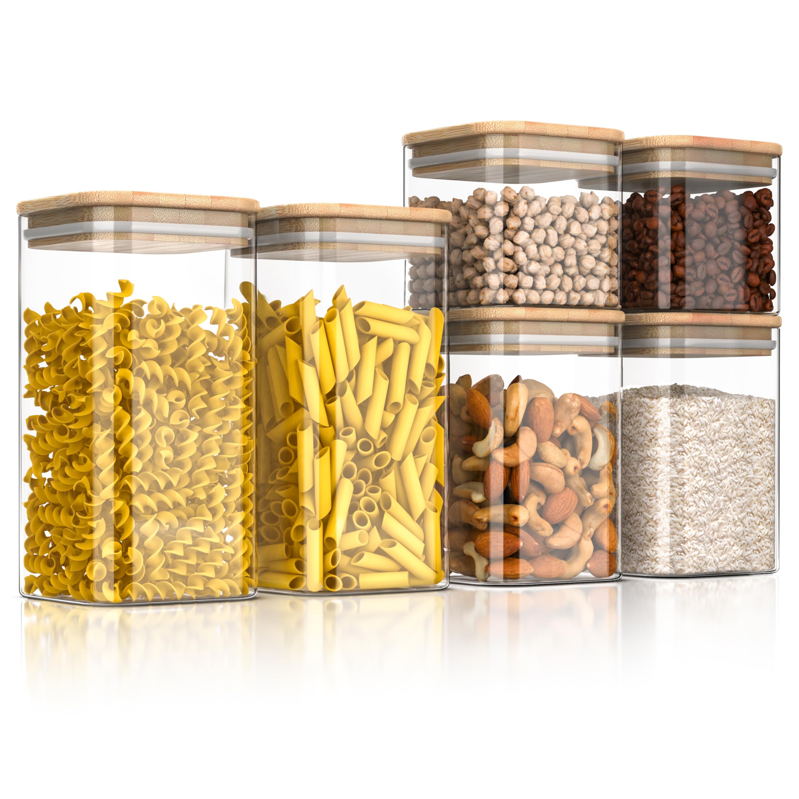 Arendo - Glass Food Storage Containers with Lids, Square Glass Canister Set of 6, Airtight, BPA-Free, Microwave & Dishwasher Safe, Pantry Organizers for Pasta, Rice, Tea, Coffee Beans