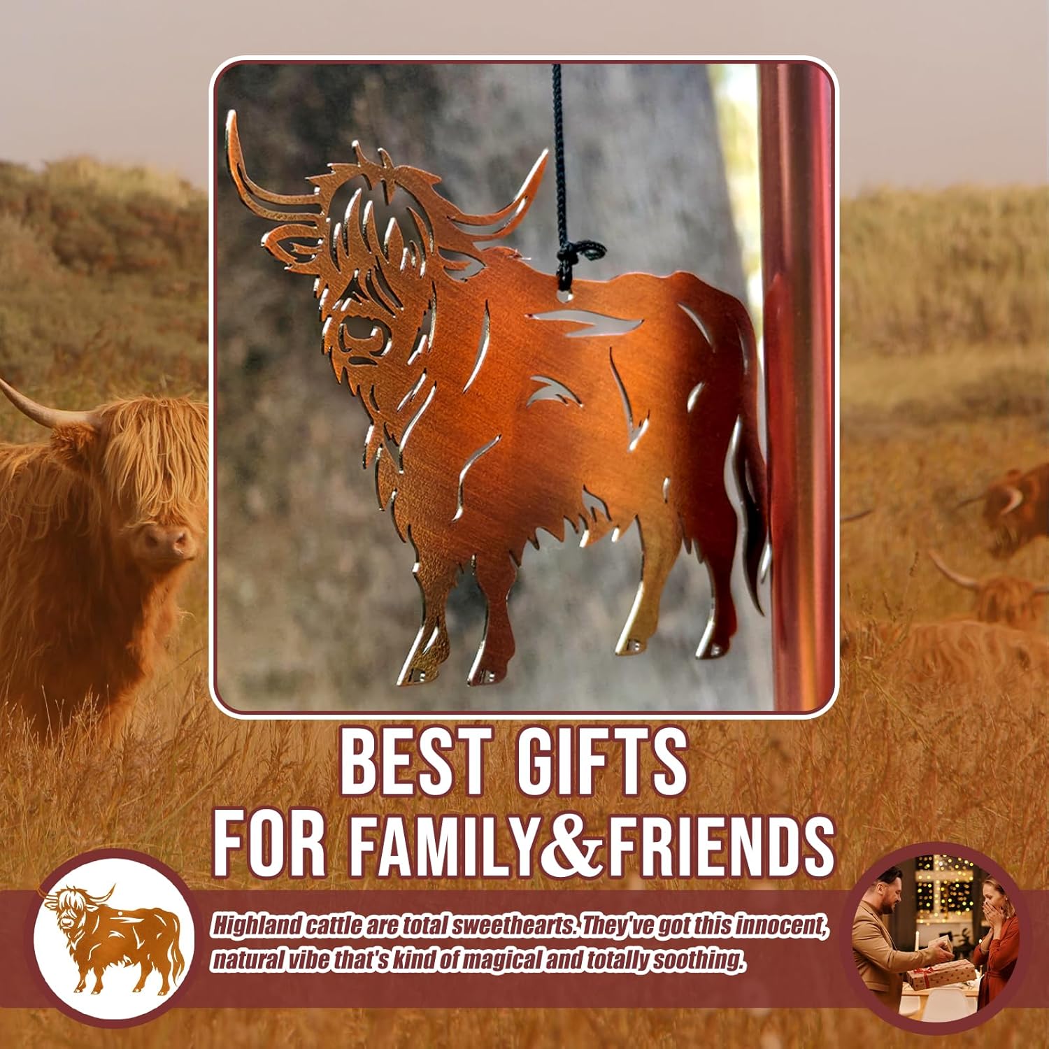 Highland Cow Wind Chimes for Outside Windchimes Outdoor/Indoor, Home, Lawn, Porch, Yard Decorations,Metal Garden Decor Highland Cow Wind Chimes Gifts for Women/Men Birthday Gifts Memorial Gift