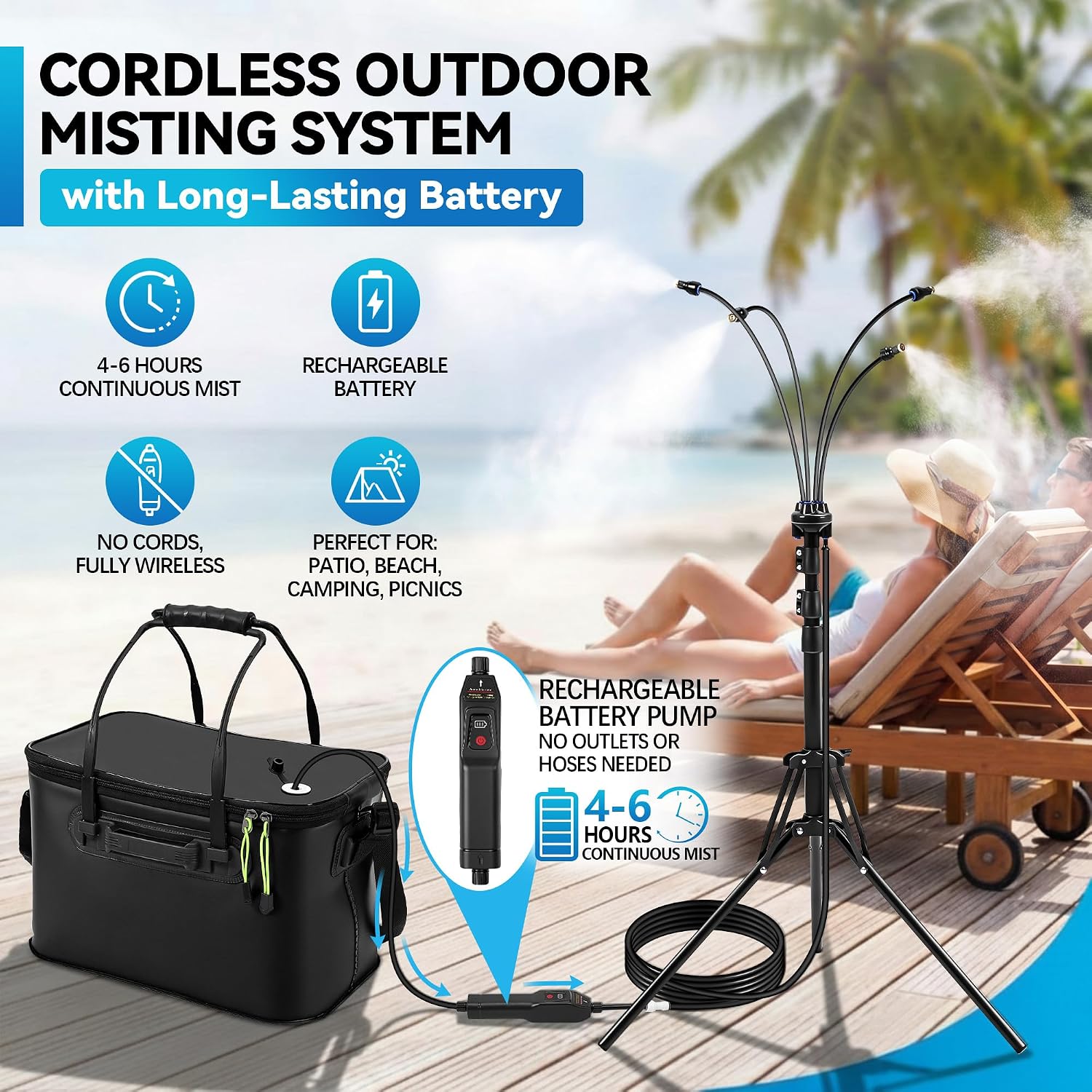 Portable Misting System with Stand, Outdoor Misting System for Patio Cooling, 20L Bucket Cordless Standing Mister with 5.2FT Adjustable Height, Water Mister for Outdoor Beach, Greenhouse, Camping Use