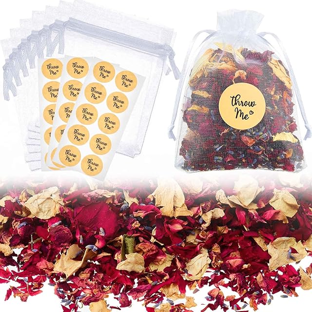 Nezyo Wedding Confetti Bag Kit for 18-20 Guests, Including Organza Gift Bags Natural Dried Flower Petal Wedding Confetti Stickers Dried Rose Petals Dried Lavender, White,lavender,rose