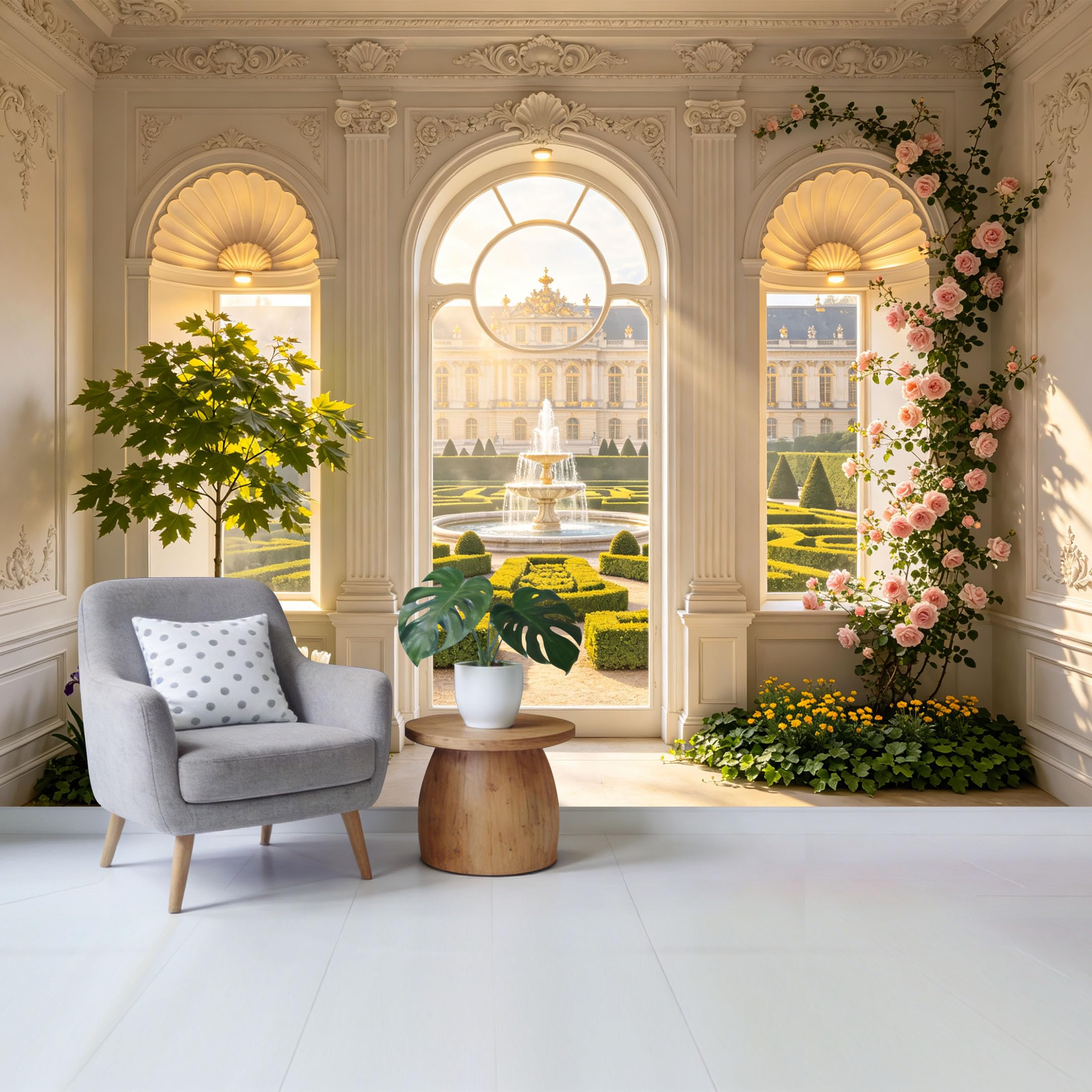 Custom Size Wall Mural Elegant Palace Garden View with Fountain and Blooming Roses Neoclassical Landscape Removable Self Adhesive Fabric Home Wall Decor for Living Room Bedroom Bathroom