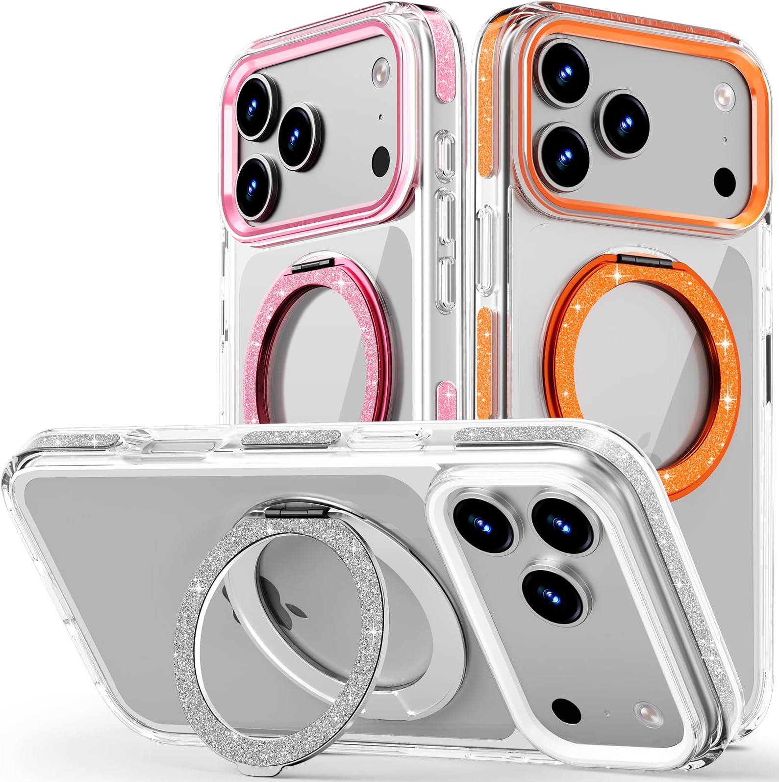 COOLQO Magnetic for iPhone 17 Pro Case 360° Spin Stand, Fit for MagSafe, Military Grade Drop Protection, Anti-Yellowing, Glitter Shiny Sparkle Shockproof Case for iPhone 17 Pro 6.3", Silver