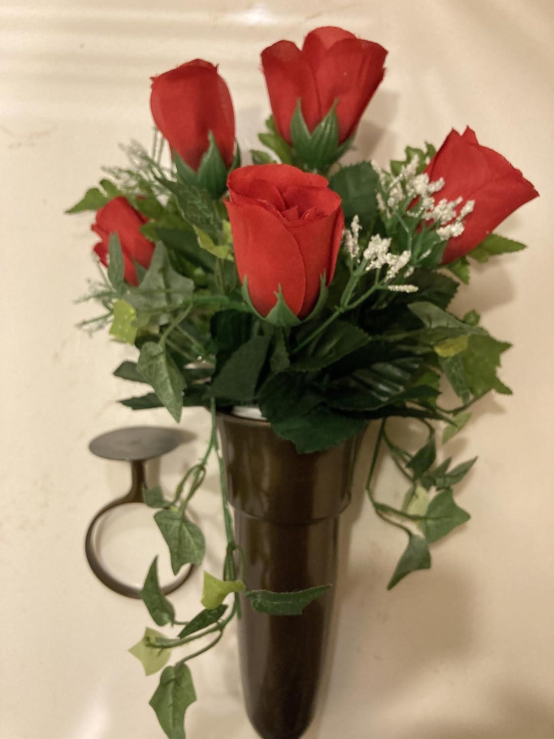 Crypt Cemetery Vase & Red Rose Silk Flowers Disc Base Ring Support for Epoxy