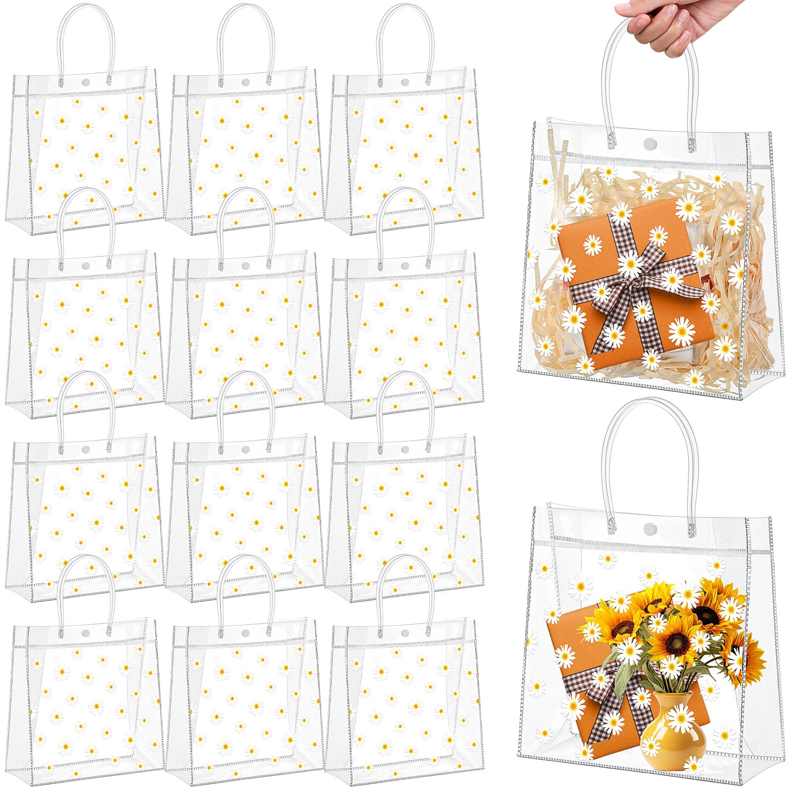 Aliceset 24 bolsas de regalo de plástico transparente de PVC con asa, bolsa de regalo a granel para dama de honor, margaritas, bolsa transparente reutilizable para boda, primavera, fiesta, despedida