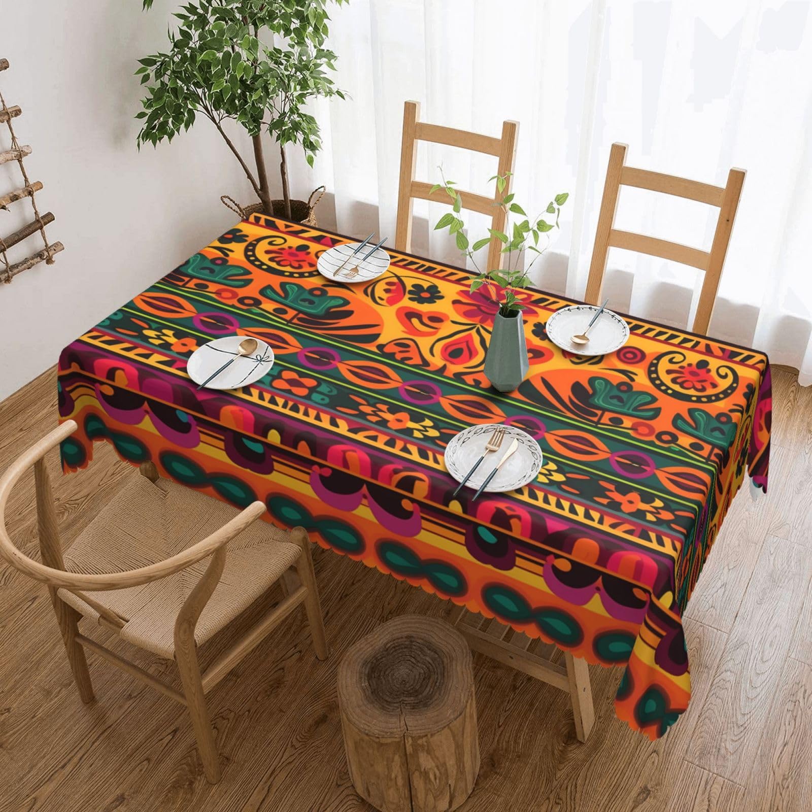 Fodpand Black Mexican Folk Art Boho Tablecloths For Rectangle Tables 72 X 54 Inches - Reusable And Washable Table Clothes Decorative Table Cover For Dining Tables, Buffet Parties, Wrinkle Resistant