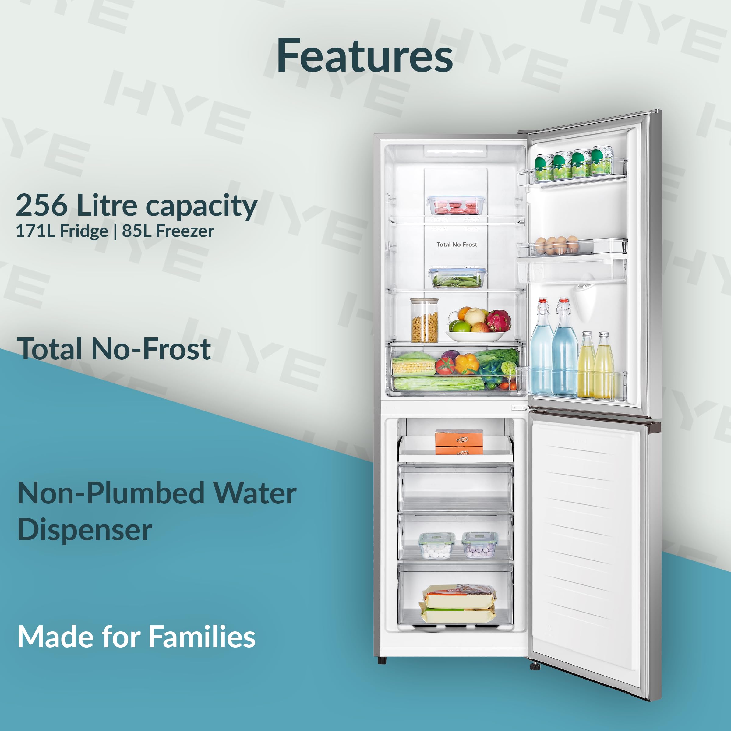 HYE Fridge Freezer - 50/50 Freestanding Fridge Freezer, 182.4cm Height, 55cm Width, 256 Litre Capacity, Total No Frost & Non-Plumbed Water Dispenser, Silver - RF01FF256S18 — view 4
