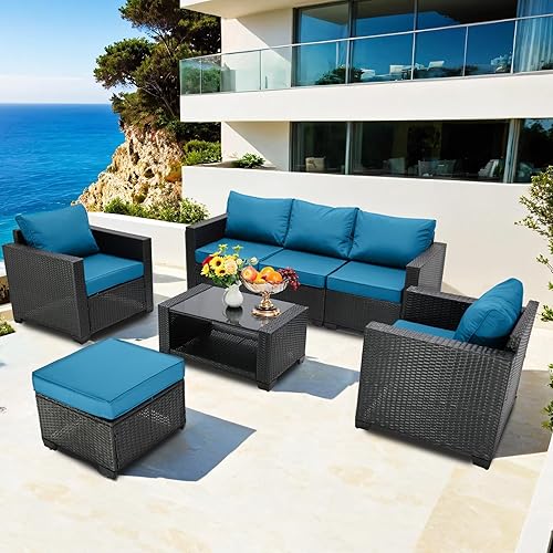 7 Piece Patio Sectional Furniture Set - Modular Outdoor Sectional Sofa with Ottoman & Tempered Glass Coffee Table - All-Weather PE Rattan Wicker Outdoor Patio Couch Set
