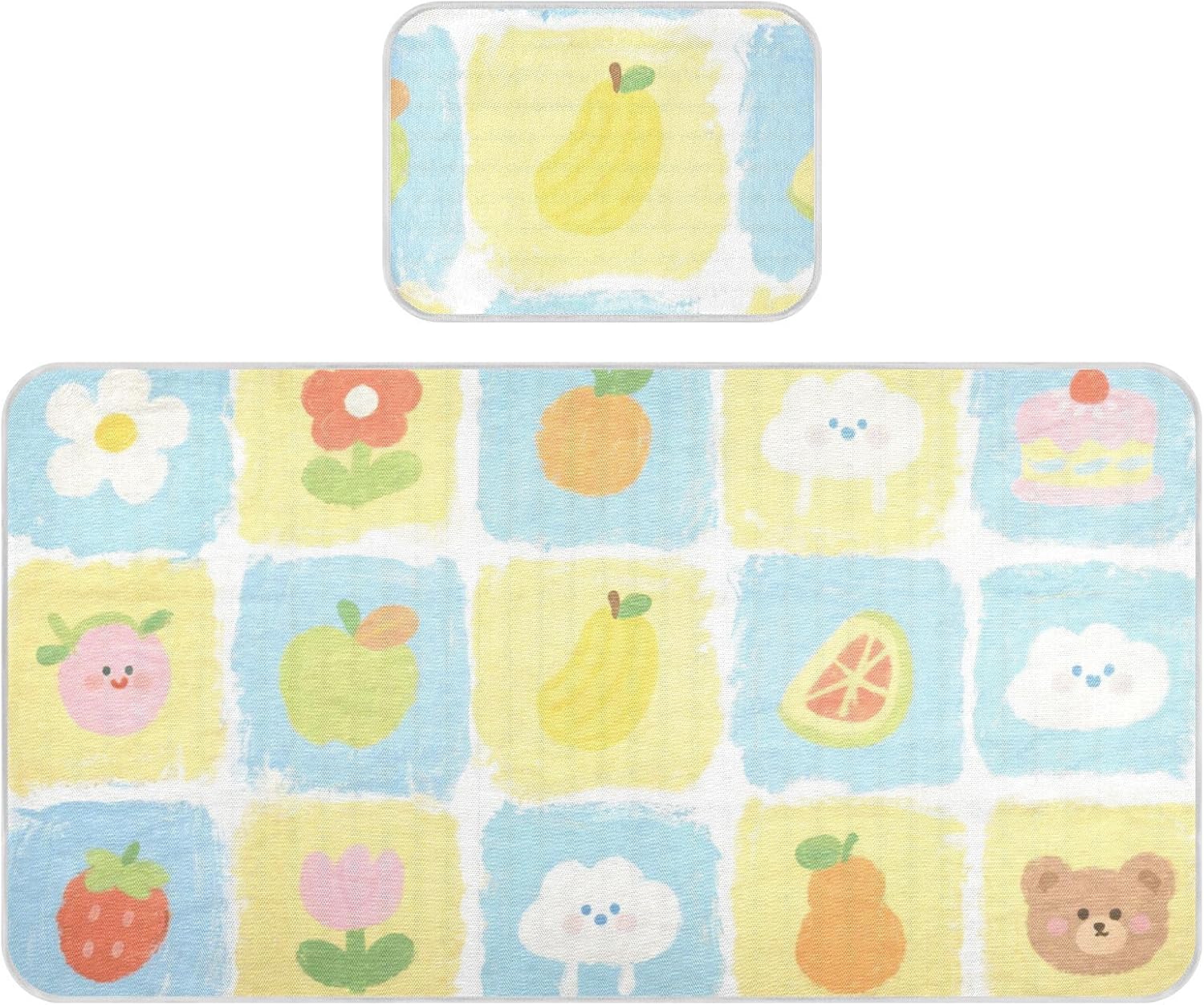 Yellow and Blue Bear Flower Check Pattern Cooling Baby Mattress pad Protector 28" x 52" Reusable Bed pad for Baby&Toddler