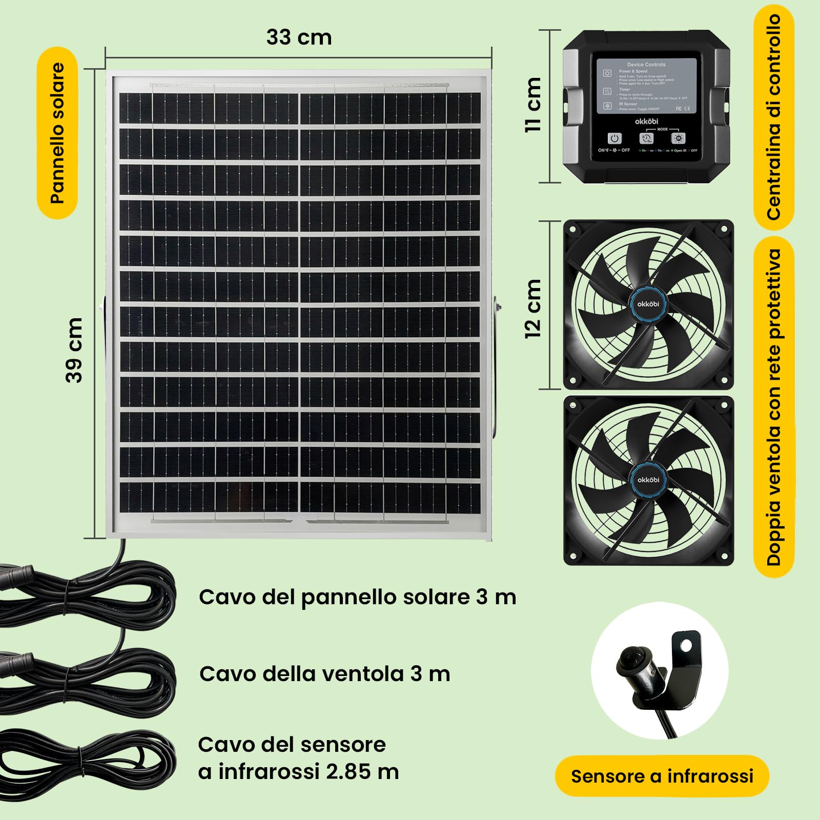 Ventilatore Solare per Pollaio e Serra, Doppia Ventilazione Solare con Batteria, Presa o Estrazione dell’Aria, Centralina di Controllo con 3 Modalità