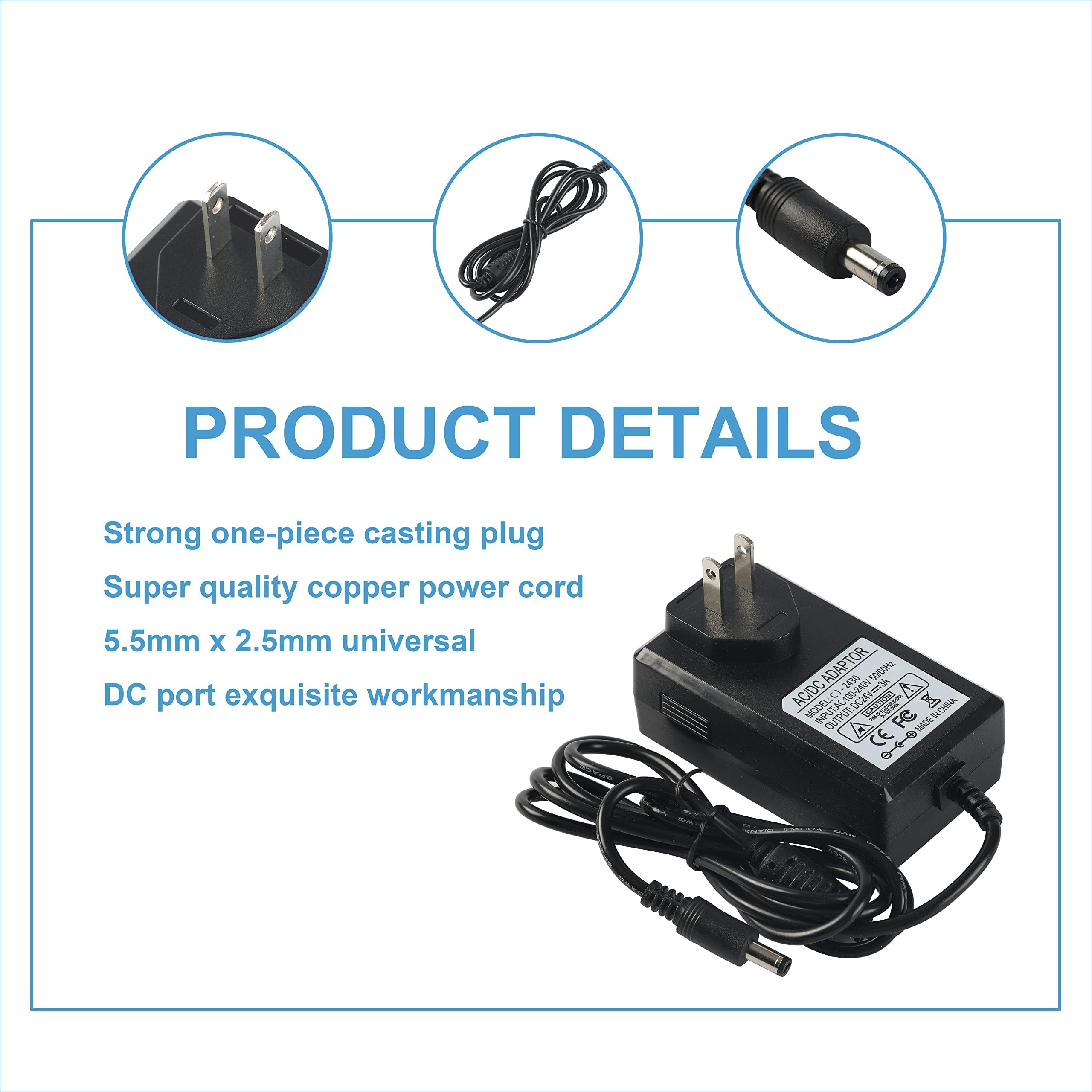 Zasilacz 24 V 3 A 72 W zasilacz sieciowy przewód zasilający 100-240 V 50-60 Hz do DC 24 V 3 A transformator 2A 1A konwerter z baryłką DC 5,5 x 2,1 mm do modułu taśmy LED, system kamer CCTV