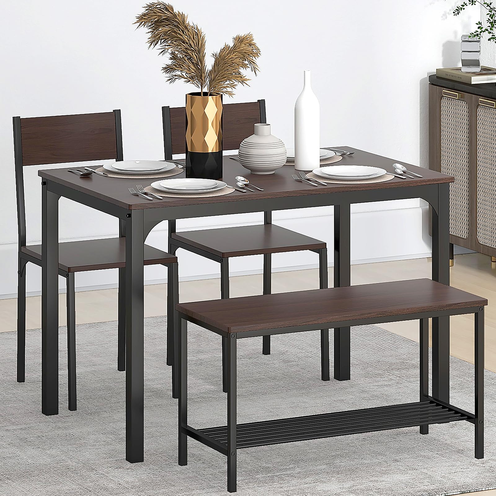 SDHYL Dining Table Set for 4, 43" Dining Room Table with Two Chairs and One Bench, 4 Pieces Set Table Top with Metal Legs in Living Room, Dining Room, Space Saving Kitchen Table Set, Walnut