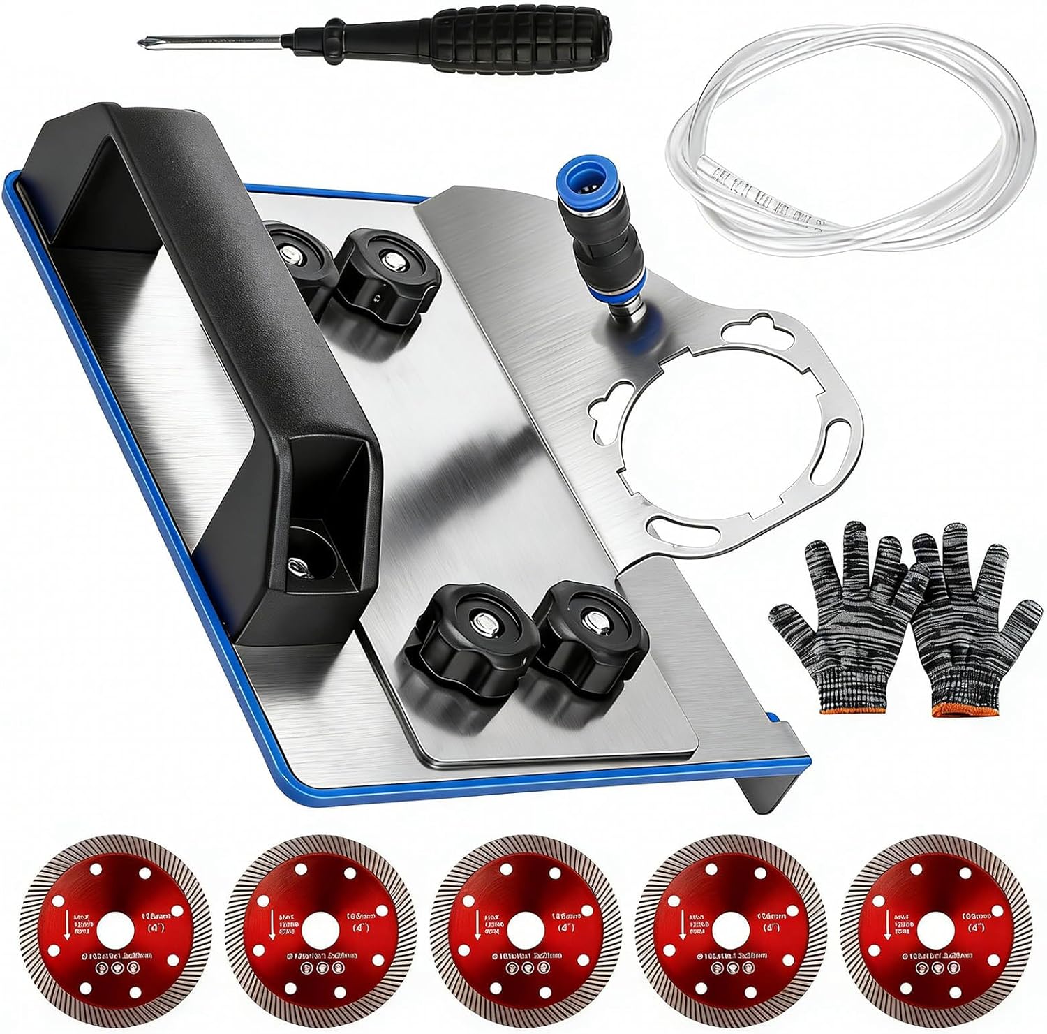 45 Degree Tile Chamfering Tool for 100-Type Angle Grinders, Universal Stand with 5 Diamond Saw Blades, Gloves, 39 Inch Hose, Screwdriver, Adapter Washers