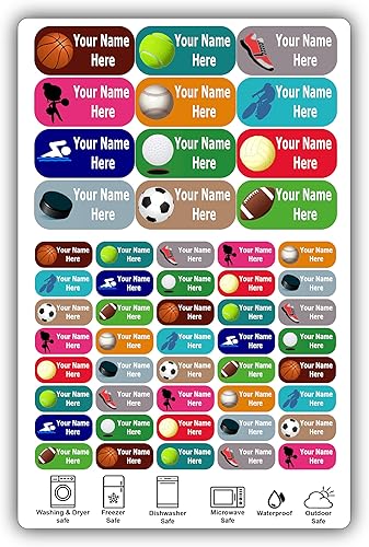 Etiquetas personalizadas diseños de iconos deportivos. 52 etiquetas personalizadas para la escuela, guardería y campamento. Etiquetas impermeables