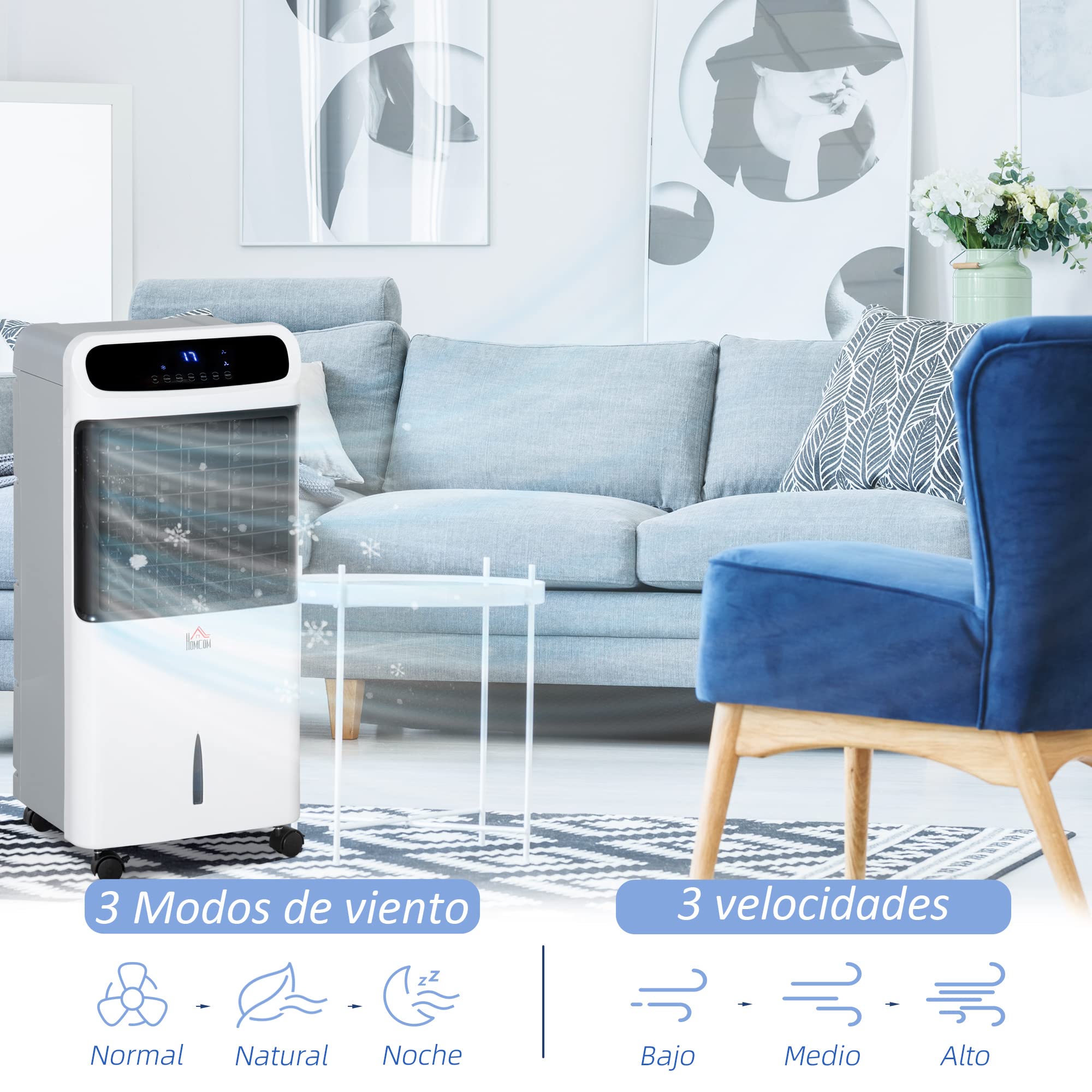 HOMCOM Climatizador Evaporativo Bajo Consumo 4 en 1 Depósito 12L Humidificador Climatizador Iones Negativos Control Remoto 3 Modos 3 Velocidades Temporizador 12 h Pantalla LED Táctil 38x35x81cm Blanco