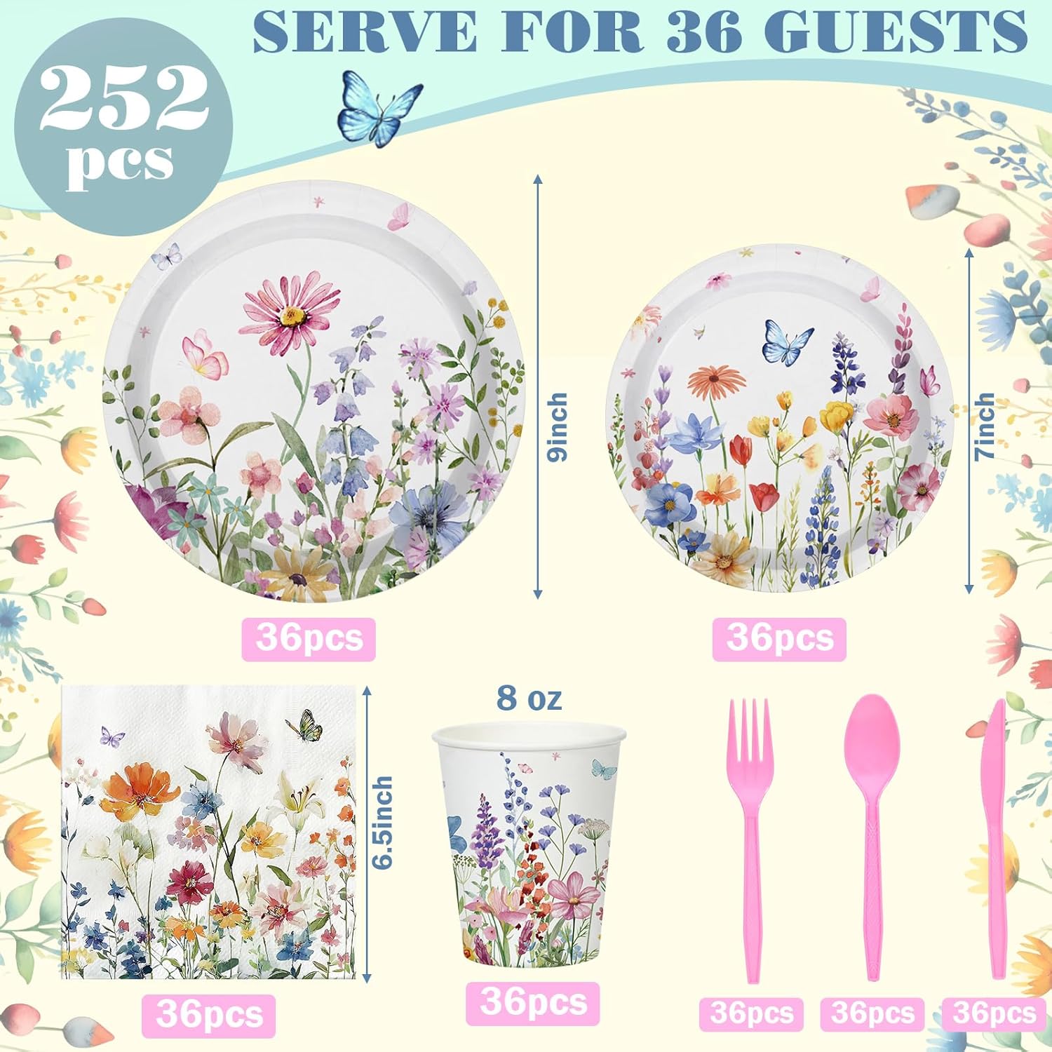 Yungyan 216 Pcs Wildflower Party Supplies Spring Floral Paper Plates Napkins Cups Plastic Knives Forks Spoons for Wildflower Wedding Bridal Shower Birthday Spring Tea Party Decors Serve 36