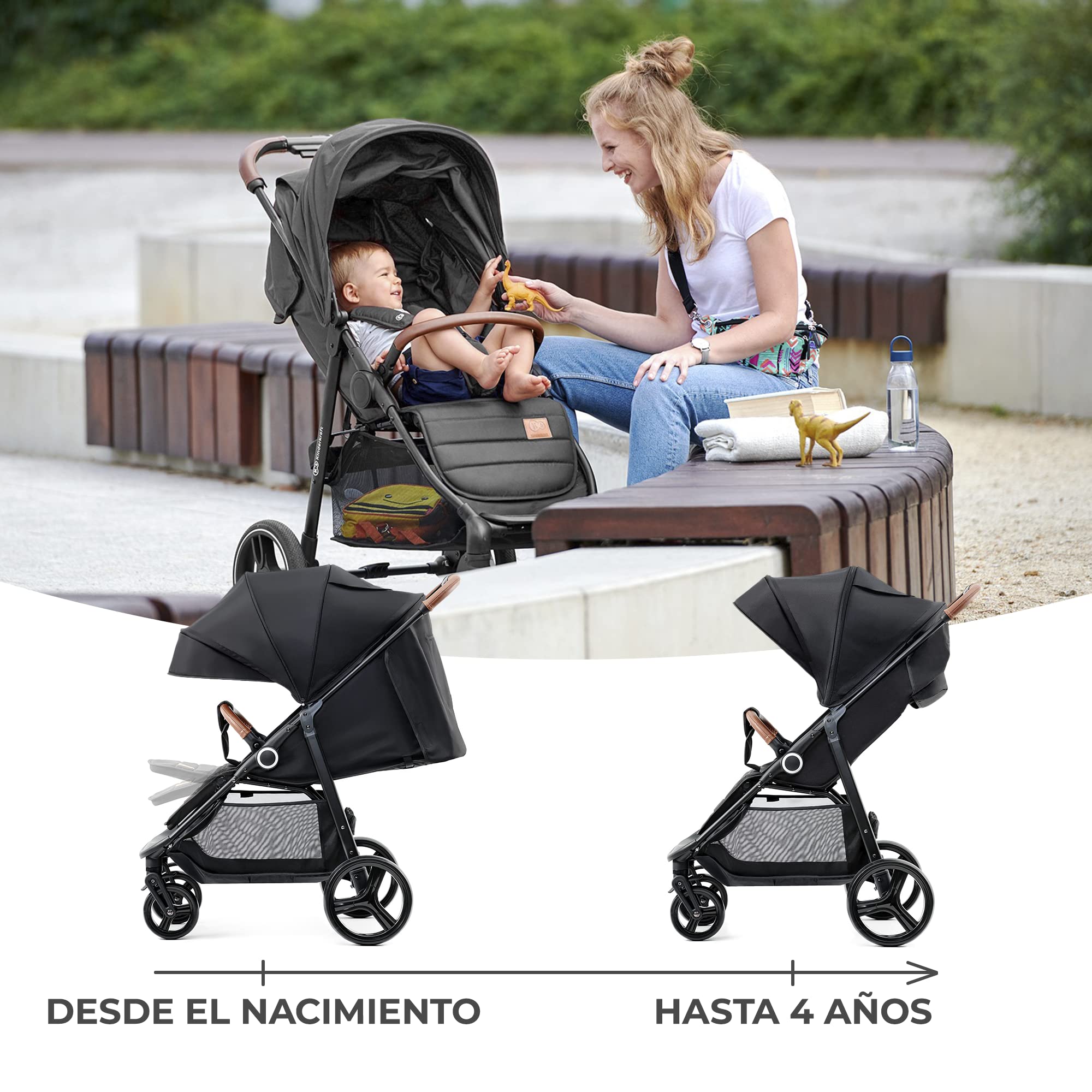 kk Kinderkraft GRANDE PLUS Silla de Paseo ligera desde Nacimiento hasta 22 kg, Plegado con una sola mano, Posición tumbada, Suspensión de todas ruedas, Capota grande XL, Negro