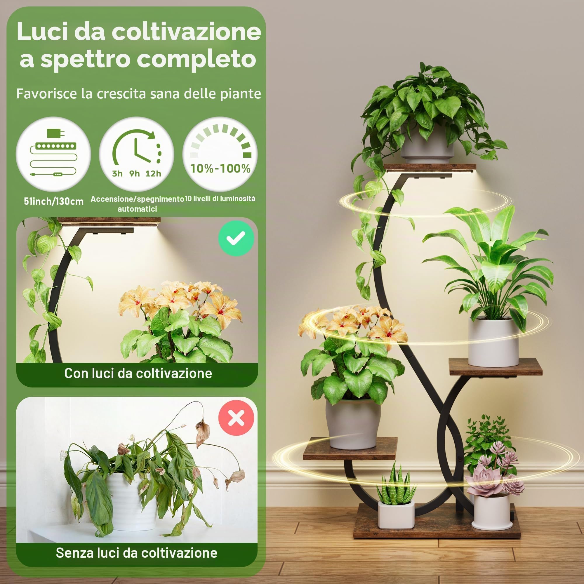 BACEKOLL Supporto per piante da interno con luci di crescita, mensola per piante a forma di S, supporto per piante ad angolo illuminato per coltivazione indoor, supporto per fiori in metallo da 81,3