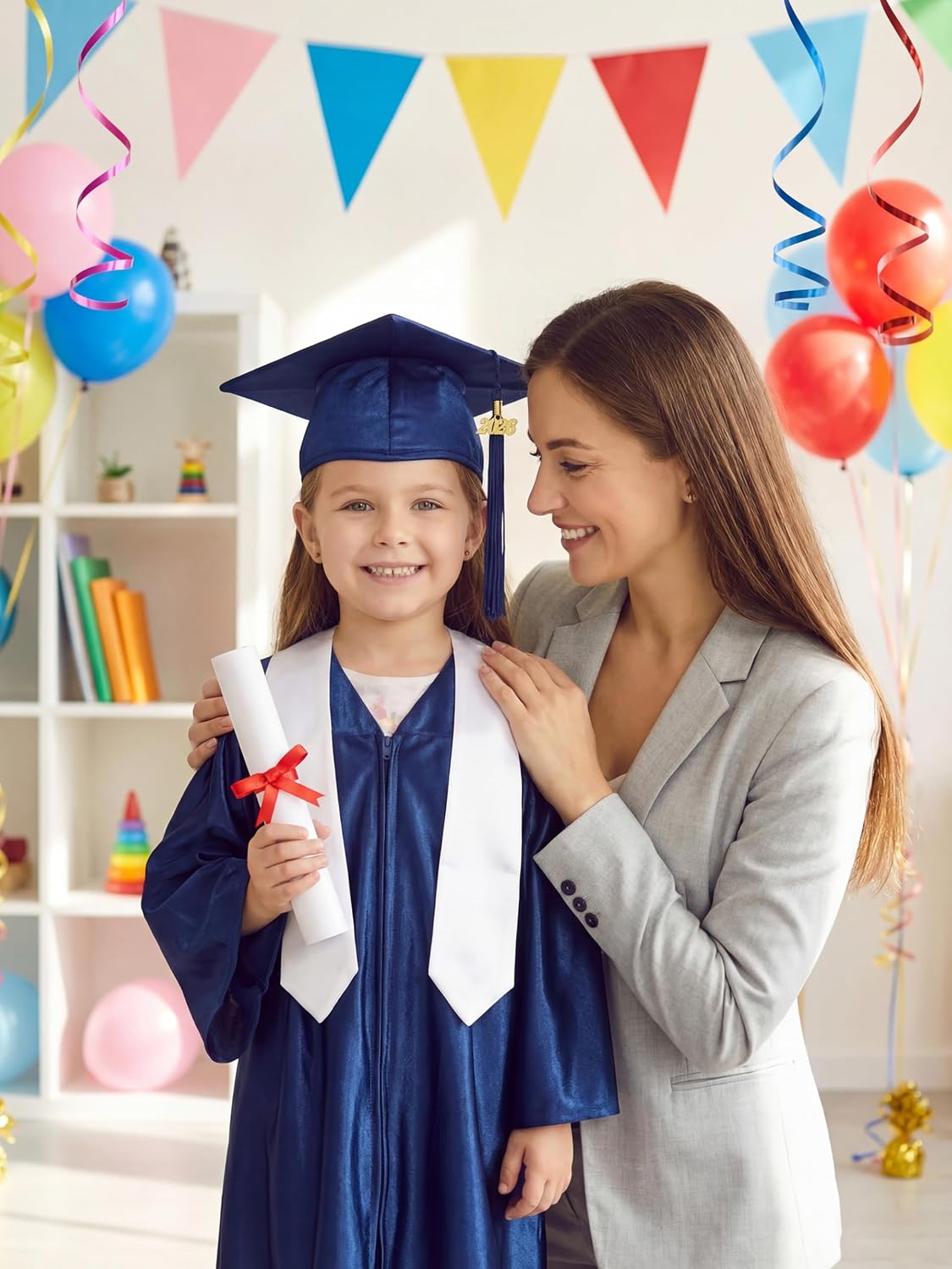 SOMSOC 7 Pieces Preschool Kindergarten Graduation Gown Cap Sash Set with 2026, 2027 Tassel Charms, Certificate for Toddler