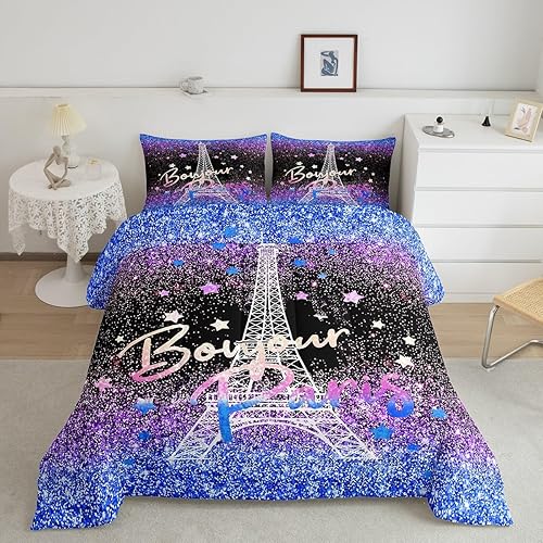 Feelyou Juego de ropa de cama de la Torre Eiffel con purpurina azul y morado, juego de edredón pastel para niños y niñas, edredón de París, juego de
