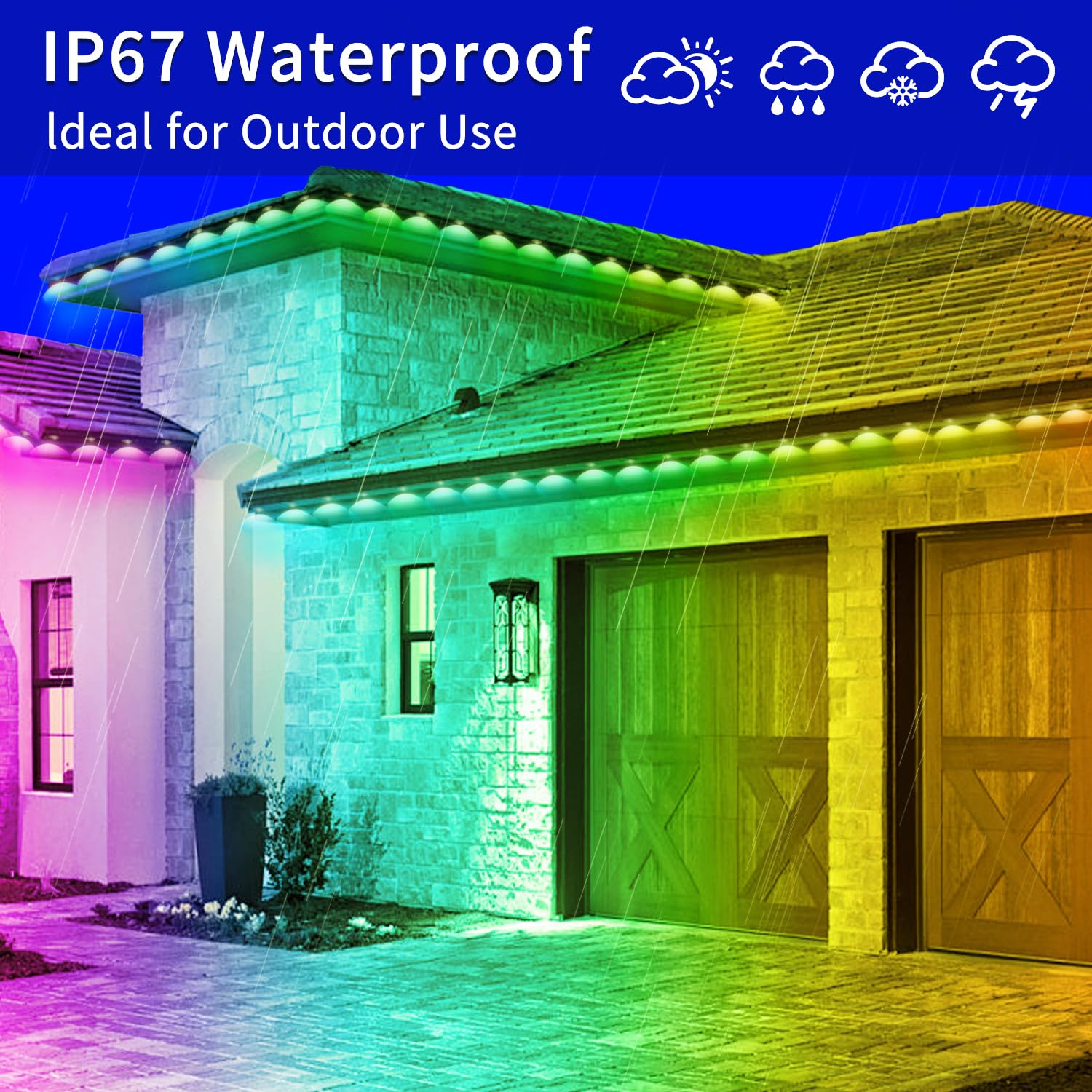 Luce permanente per esterni da 152,4 m, RGB Smart Outdoor con APP e telecomando, sincronizzazione musicale temporizzata IP67 impermeabile LED grondaia, adatta per feste, Halloween, Natale, tetto