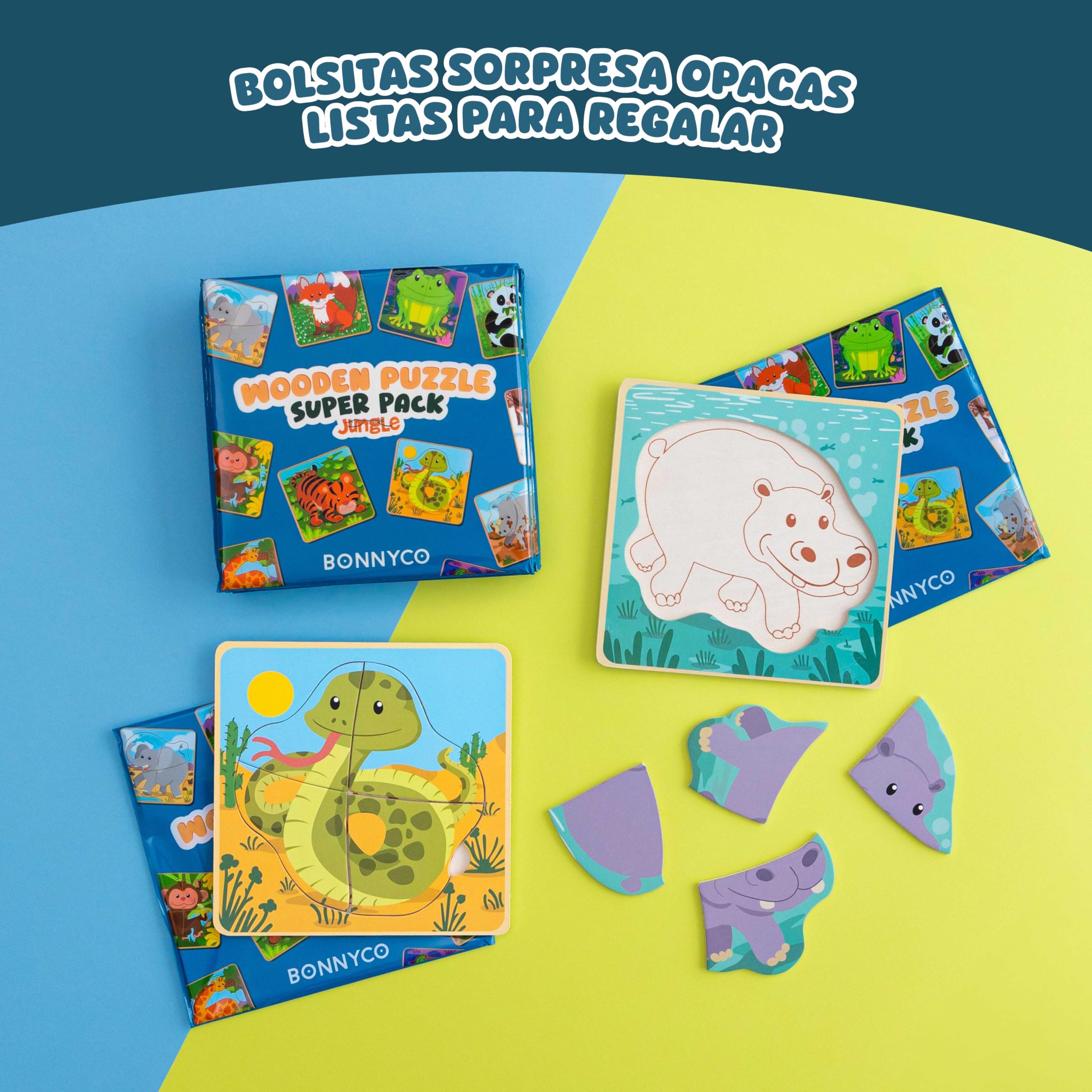BONNYCO Pack 16 Puzzle Madera de 4 Piezas para Regalos Cumpleaños Niños Colegio 1 a 5 Años. Ideas Detalles Invitados, Juguetes Infantiles y Juegos Rompecabezas para Bebés Guardería