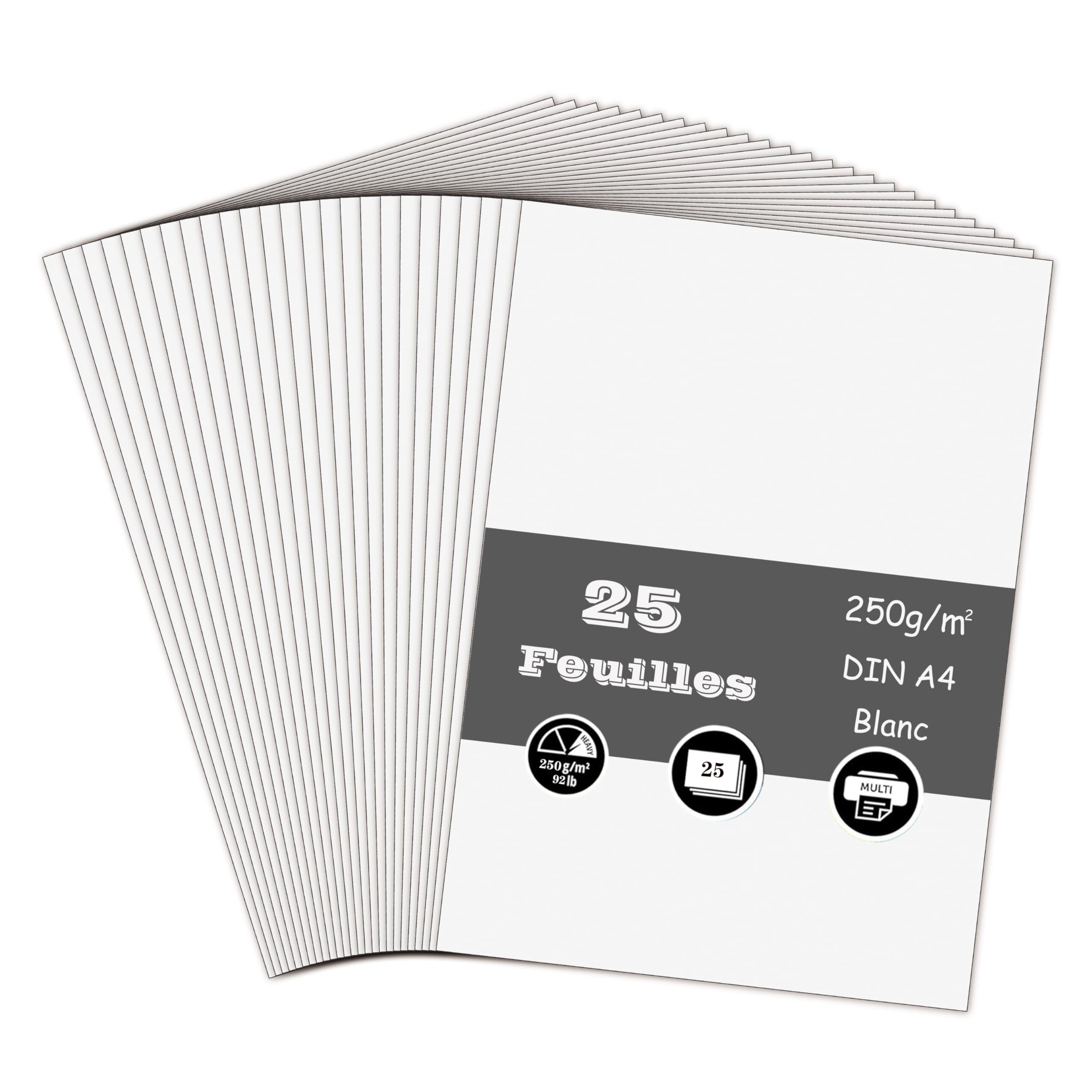 Lot de 25 feuilles de papier cartonné blanc, feuille cartonnée A4 250 g/m² épais carton bricolage pour la fabrication de cartes, le scrapbooking, l'impression au bureau et les loisirs créatifs