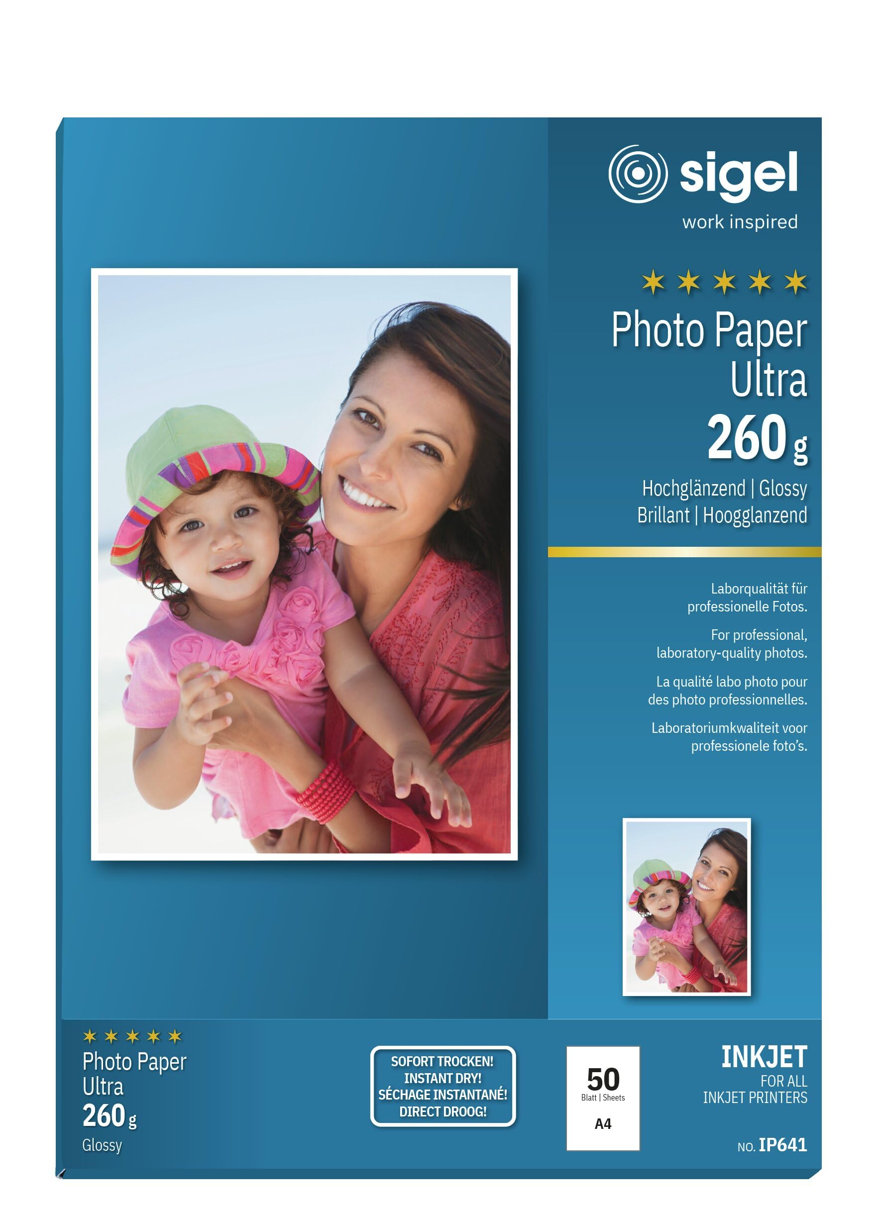 SIGEL IP641 InkJet-Fotopapier Ultra, A4, 50 Blatt, hochglänzend, extrem lichtbeständig, 260 g , für hochwertige Fotografien