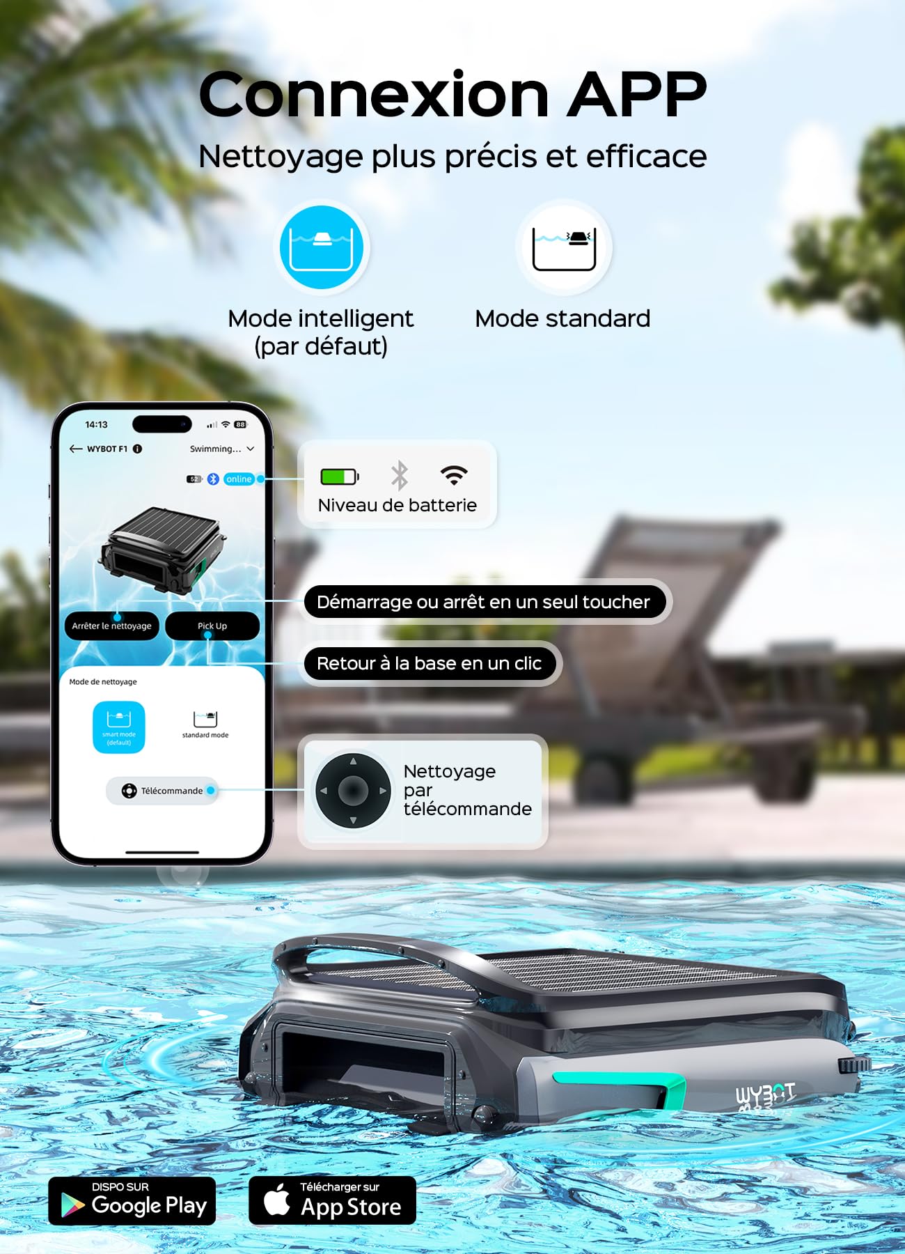 WYBOT F1 Skimmer Piscine Hors Sol Double Énergie (Solaire + Batterie), Nettoie La Surface De L’Eau, Pilotage par App, Fonctionne 24h/24, pour Toutes Piscines – Robot Piscine sans Fil,Vert Olive