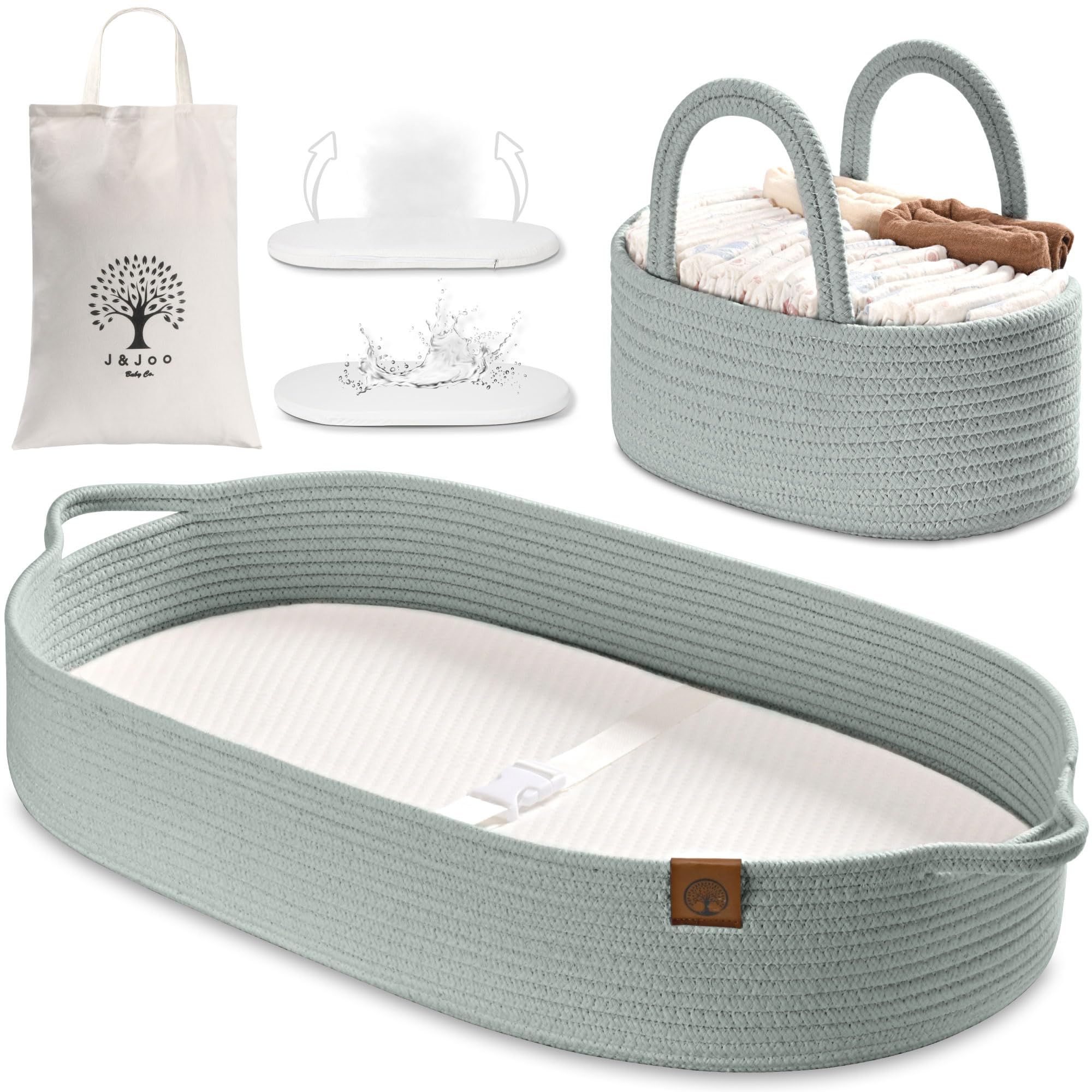 J&JOOBaby Changing Basket Set Includes Diaper Caddy - Breathable & Waterproof Cover, Portable, Foldable, Changing Table Topper Changing Pad for Dresser, Dipaer Changing Station