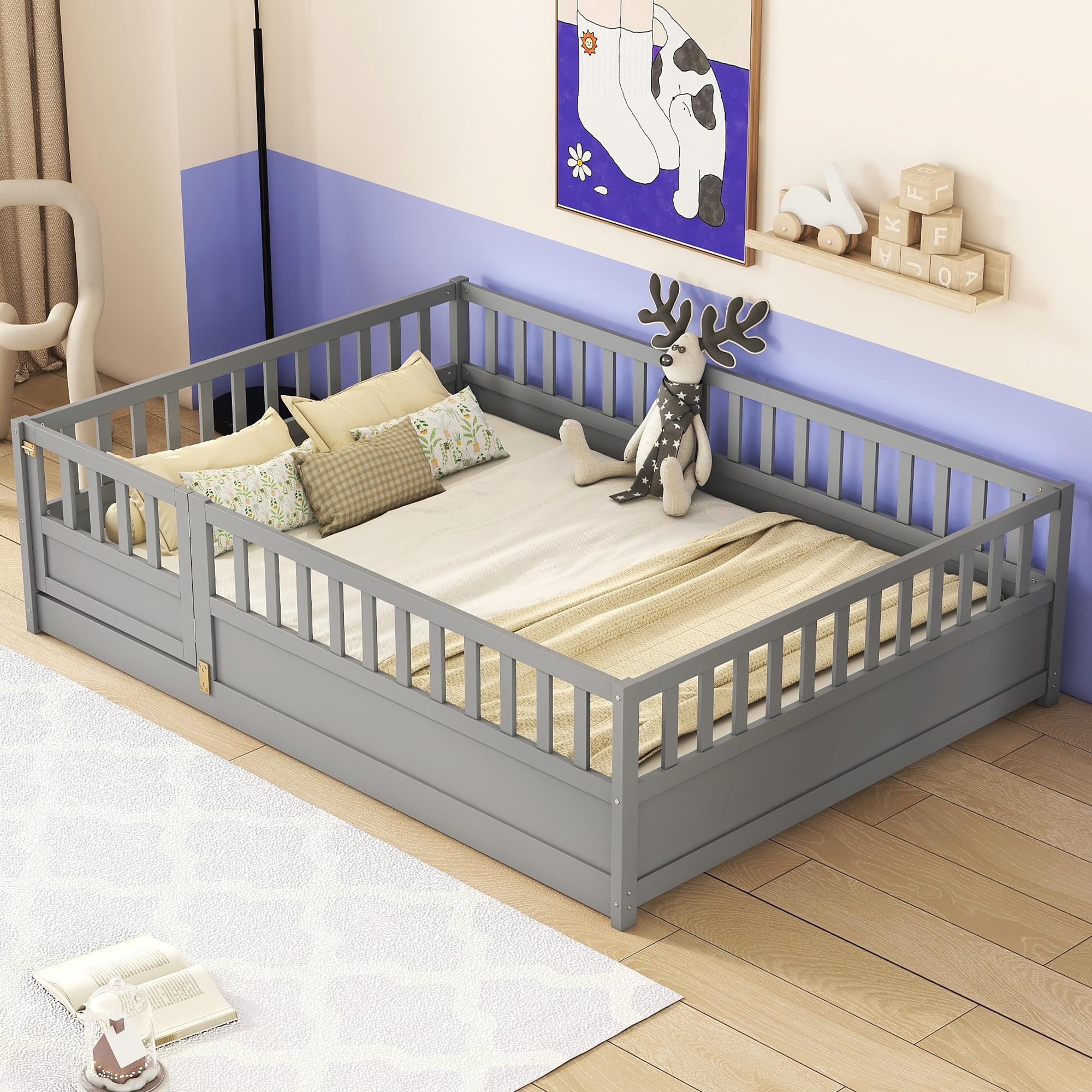 CITYLIGHT Full Floor Bed with High Rails, Wood Montessori Floor Bed with Door Design, Kids Full Bed Frame for Boys Girls Children,No Bed Slats,Grey