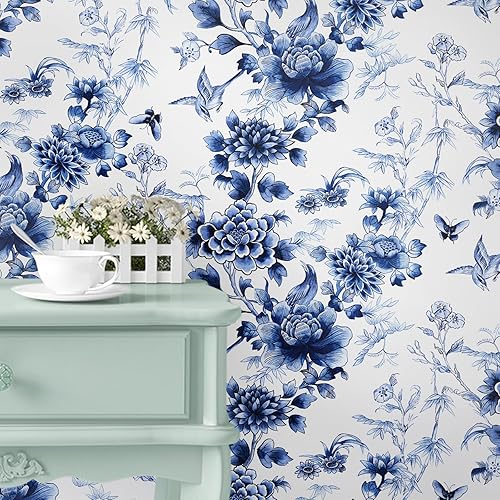 Miniatura 4 de RUSPEPA Papel tapiz autoadhesivo para despegar y pegar, diseño de flores azules y blancas, autoadhesivo, extraíble, papel de contacto decorativo