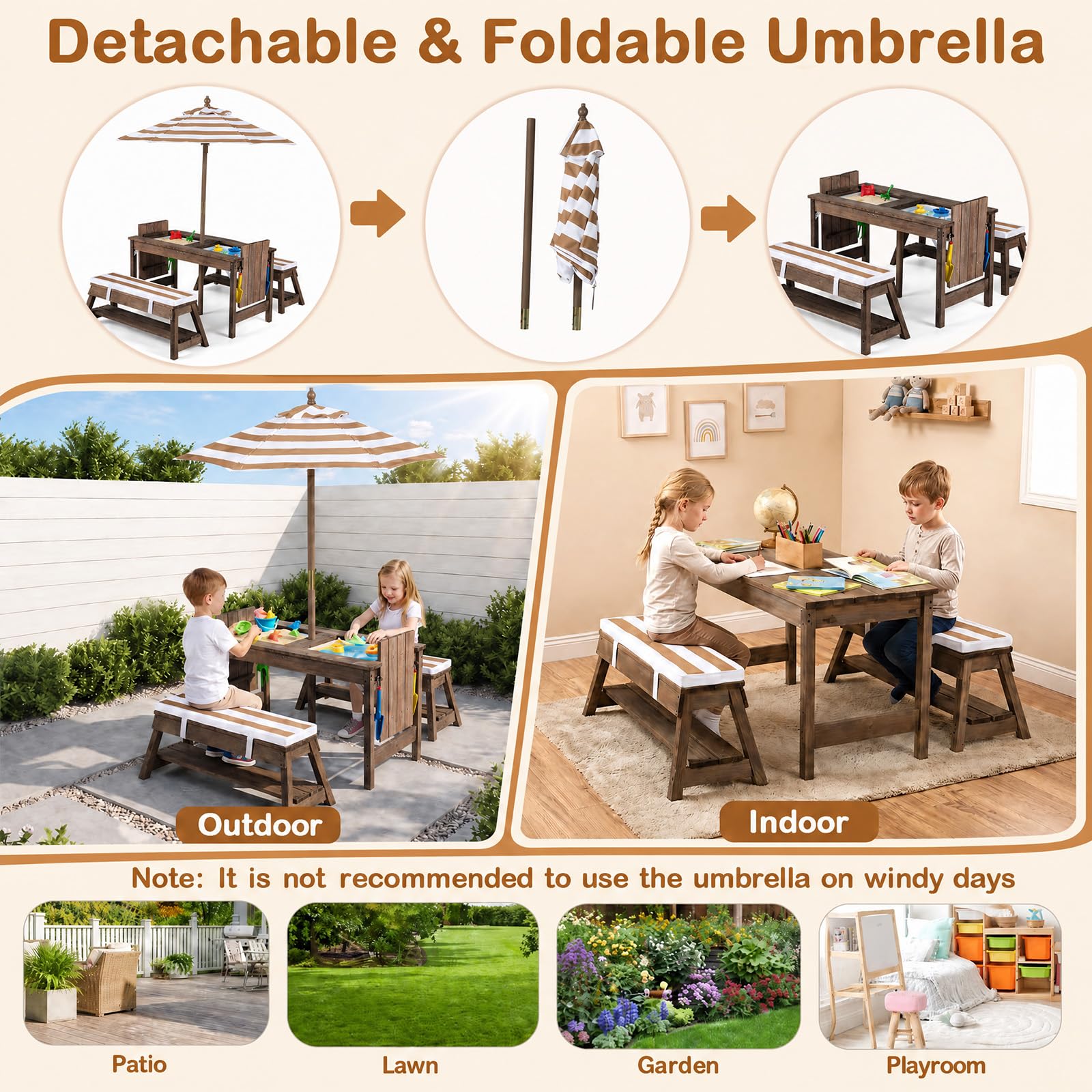 LIFEZEAL 3 in 1 Tavolo da Picnic per Attività con Acqua e Sabbia (Cachi) | Set con Tavolo e Panche per Bambini con Ombrellone Rimovibile e Regolabile, Piano Rimovibile, 2 Scatole da Gioco, per 3+ Anni
