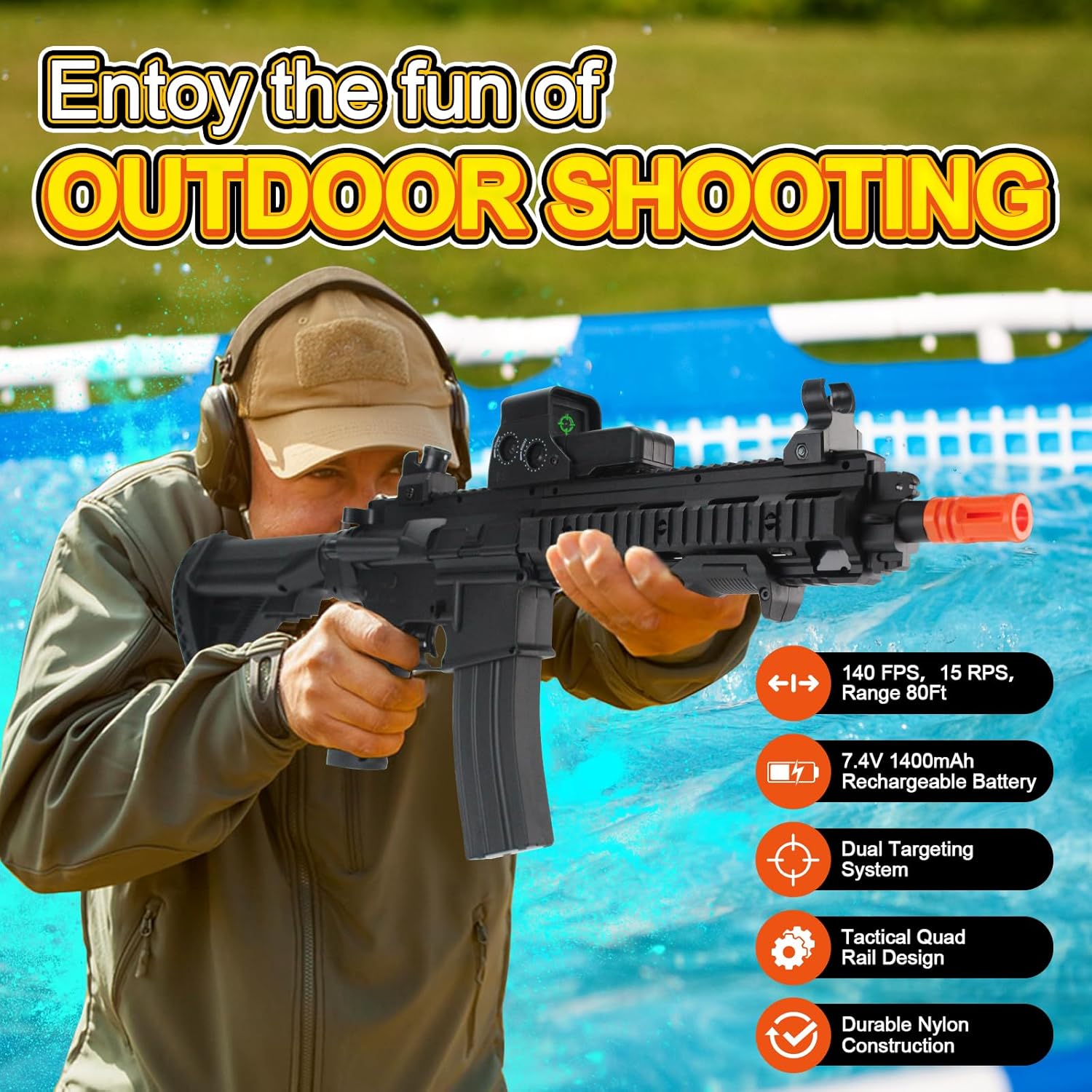 biu blaster 30-inch gel ball blaster 140+ fps, 80+ ft range full-size electric automatic splatter orby blaster 7.4v 1400mah battery for outdoor games, ages 14+