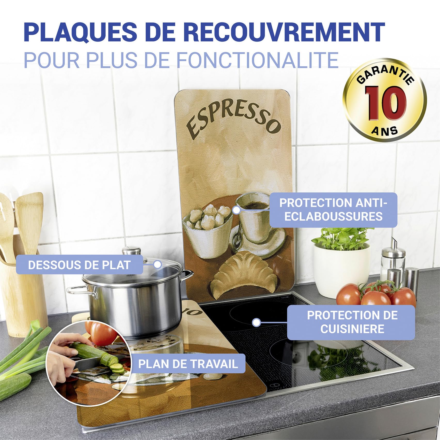 WENKO Protection plaque de cuisson "Café" en verre trempé | Pour toute plaque | Couvre plaque de cuisson, planche à découper, extension plan de travail | Lot de 2 | 52x30cm | Multicolore