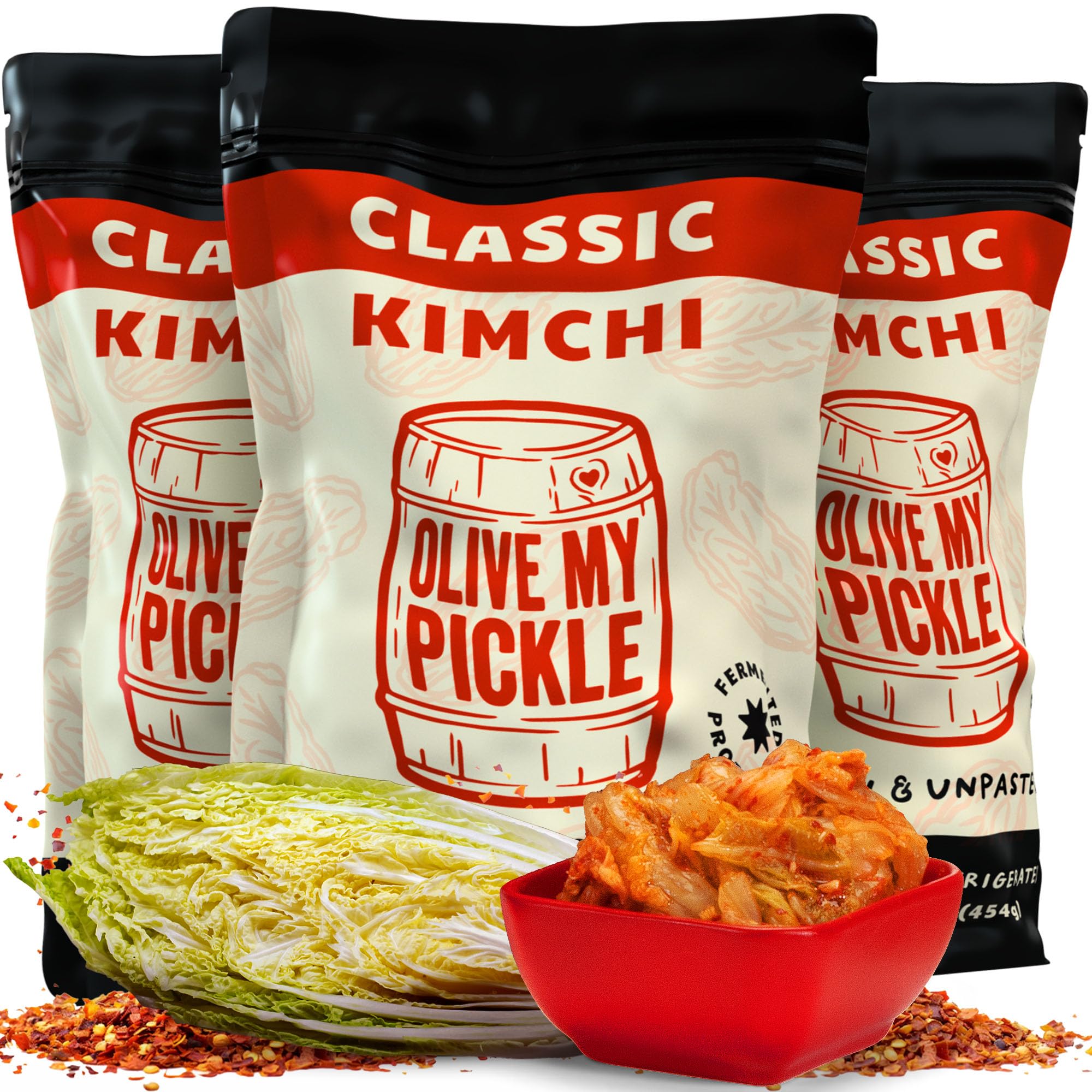 Olive My Pickle Organic Kimchi Fermented - 48 oz | 3 Pack of Classic Probiotic Napa Cabbage Kimchi | Fresh Korean Kimchi with Natural Probiotics for Gut Health - Perfect for Ramen & Spicy Noodles