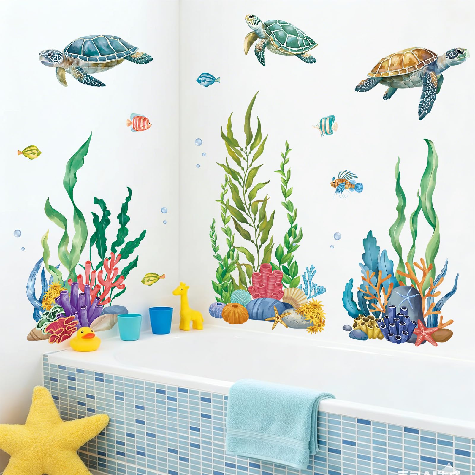 SHUCHING Pegatinas de Pared Tortuga Marina, Vinilo Adhesivo Pared Algas del Océano para Niños, Vinilos Decorativos para Dormitorio Infantil Baño