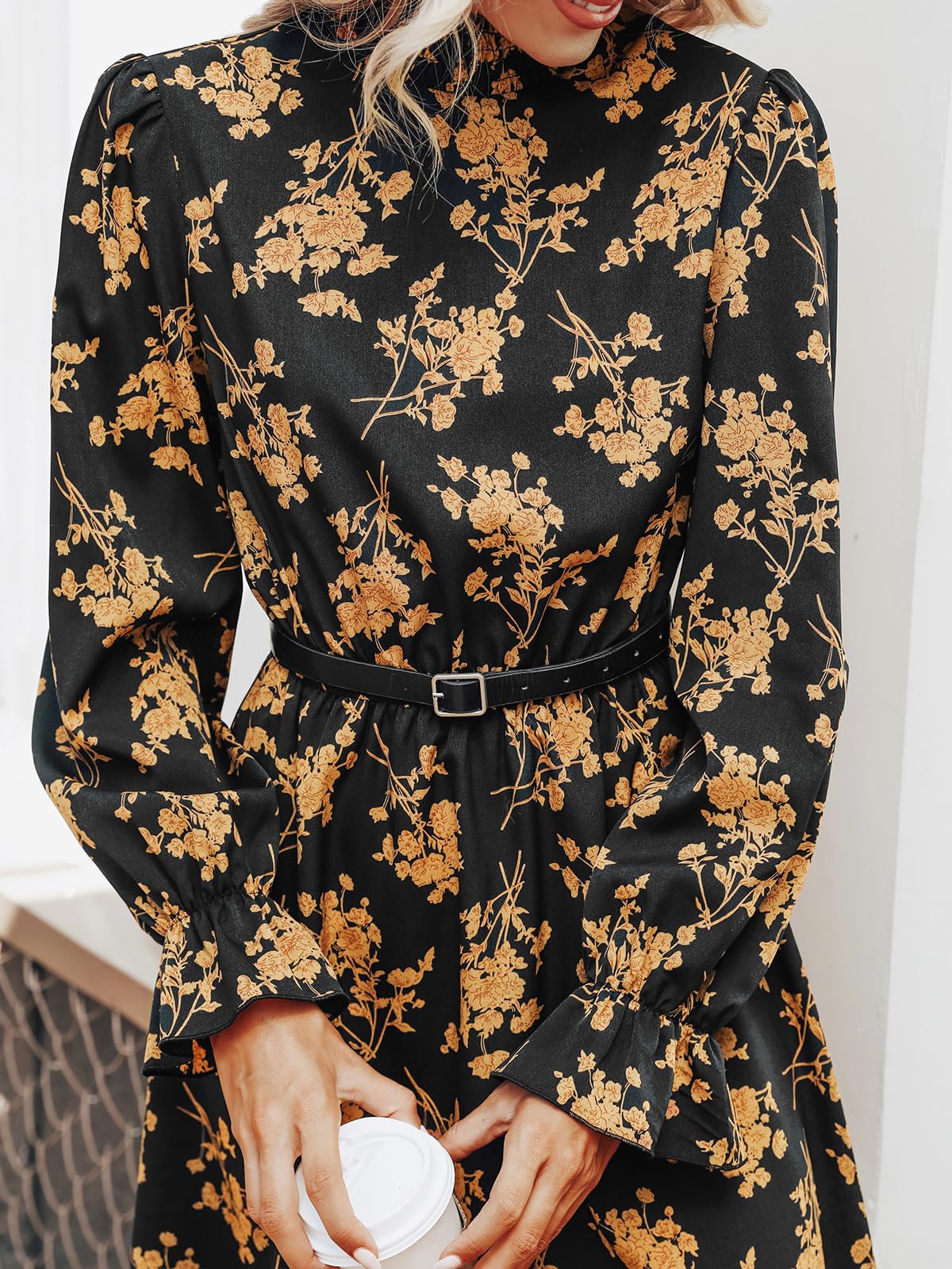 CUPSHE Robe pour femme à col haut à manches longues Motif floral, jaune