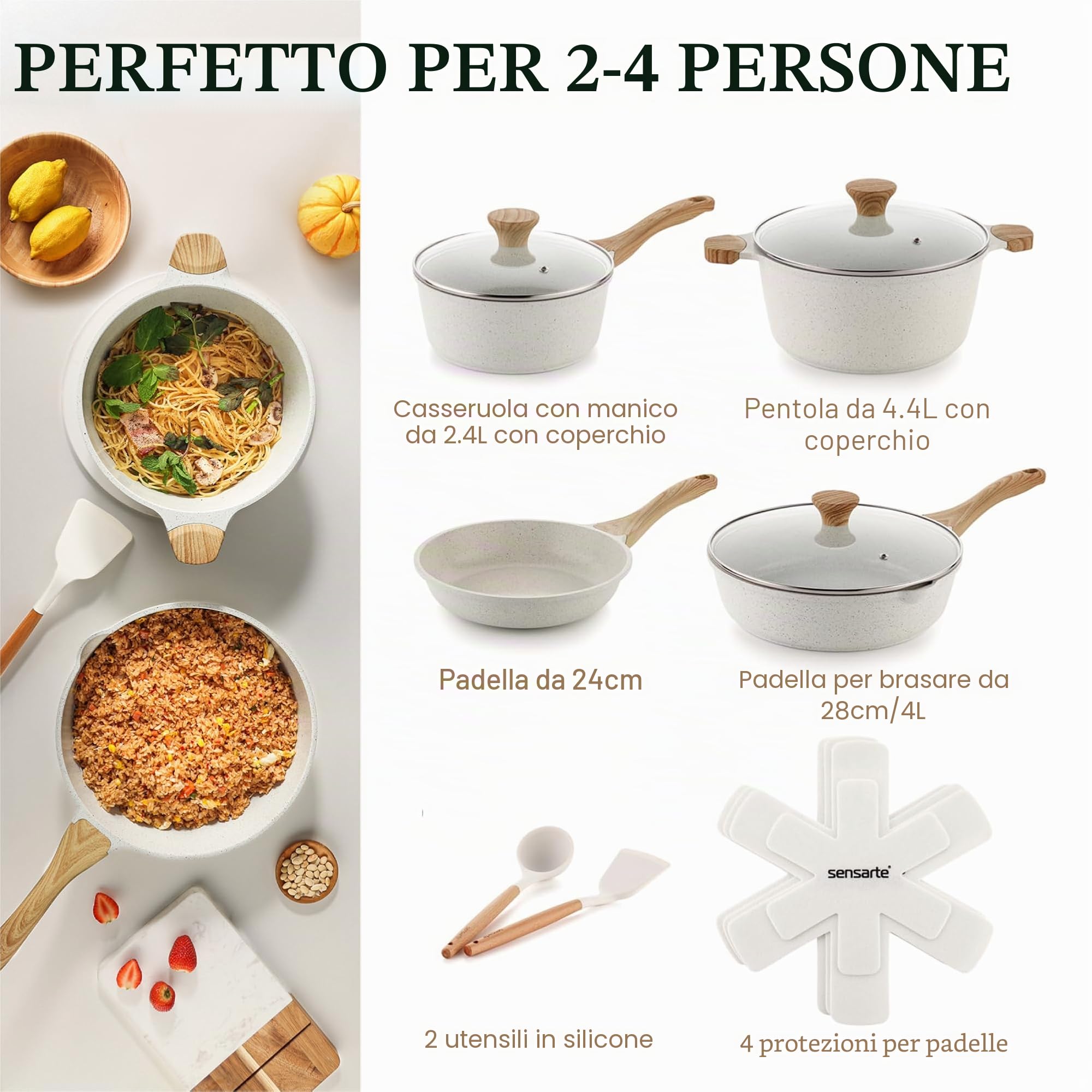 SENSARTE Set di Pentole 13 Pezzi, Antiaderente in Ceramica, Compatibile con Induzione e Gas, Include Padelle e Casseruole, con Manico Ergonomico Resistente e Lavabile in Lavastoviglie