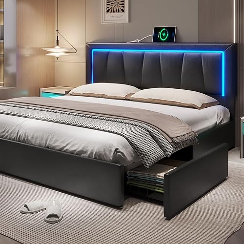 Miniatura 11 de Hasuit Base de cama California King con 4 cajones de almacenamiento debajo, plataforma tapizada tamaño Cal King con cabecera de cuero artificial,