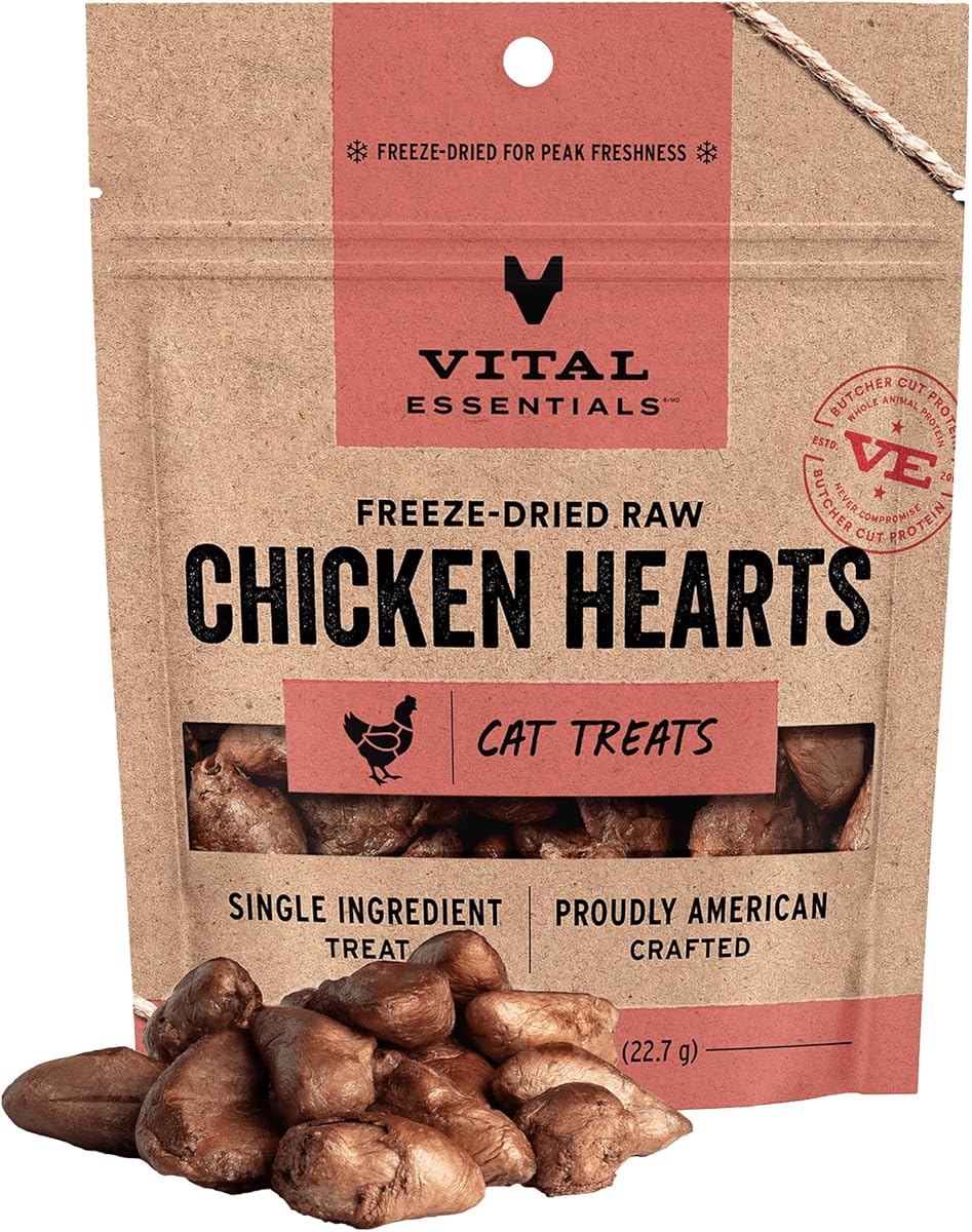 Vital Essentials Freeze Dried Raw Chicken Hearts Cat Treats | Single Ingredient | Premium Quality | Grain Free, Healthy Treats for Cats, 0.8 oz Bag