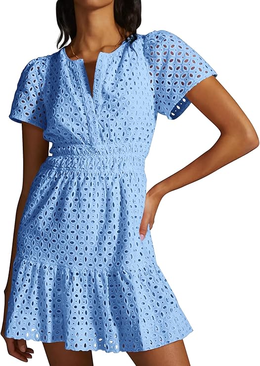 V Neck Short Sleeve Lace Dress