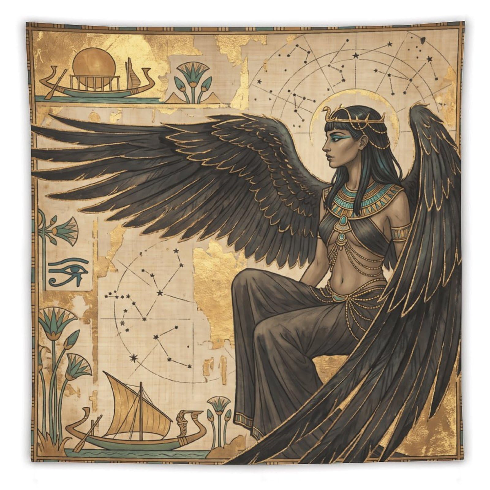 W7C8U2X3 Egyptian Winged Goddess Hieroglyphs Wall Tapestry, Bed