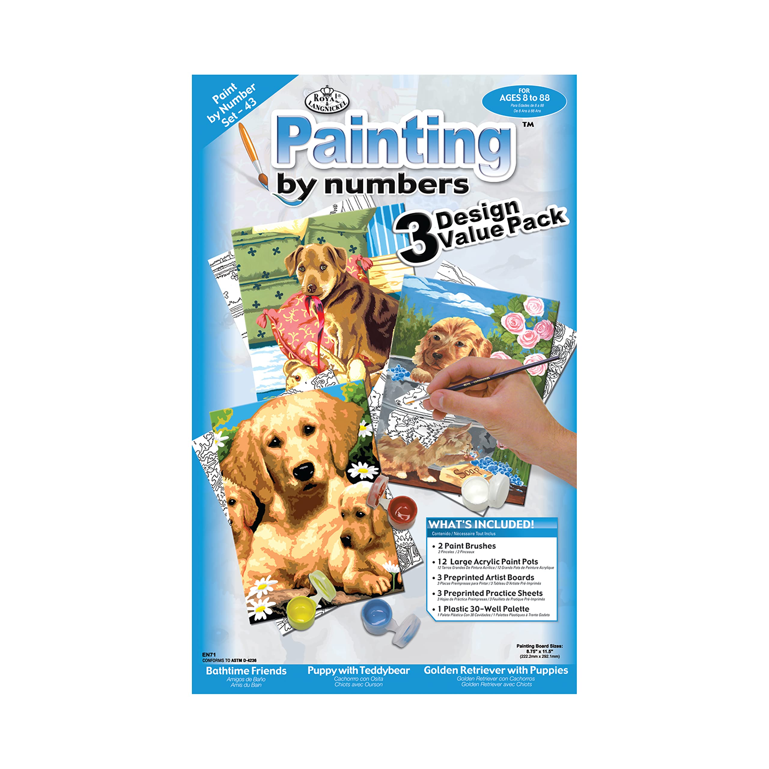Peinture par numéros chiots Royal & Langnickel (Set de 3 kits créatifs avec peinture et pinceaux)