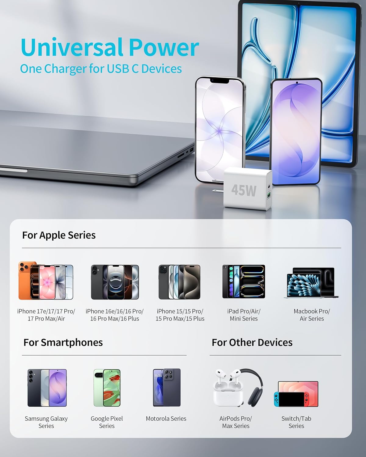 iPhone 17e/17 Fast Charger, 3-Pack 45W Type C Super Fast Charging Block PD/QC Dual Port USB C Wall Charger with 10FT Long USB C Cable Power Cord for iPhone 17e/17/17 Pro Max/16/15 Pro Max/Plus, iPad