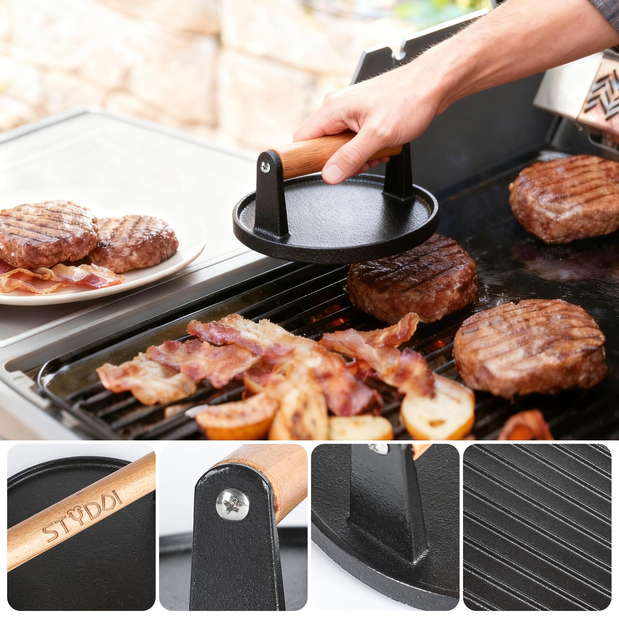 STYDDI 2-Pieces Heavy-Duty Cast Iron Burger Press with Wooden Handle, Gill Press for Smash Steaks, Bacons and Paninis, Ideal for BBQ, Pan and Flat-top Griddle, 7" Round & 8.27"x4.21" Rectangle — view 6