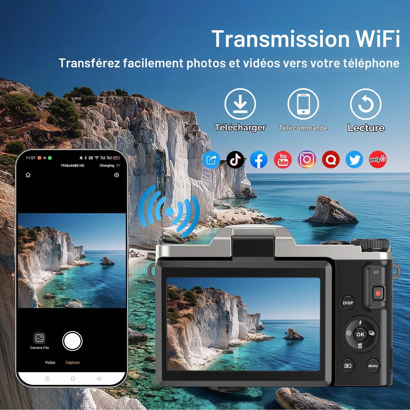 Appareil Photo Numérique 4K 64MP avec WiFi, Caméra Vlog avec Autofocus et Webcam, Écran 3″ Rabattable 180°, Zoom Numérique 16X, Anti-Tremblement, Carte SD 32 Go, Chargeur et 2 Batteries, Débutant