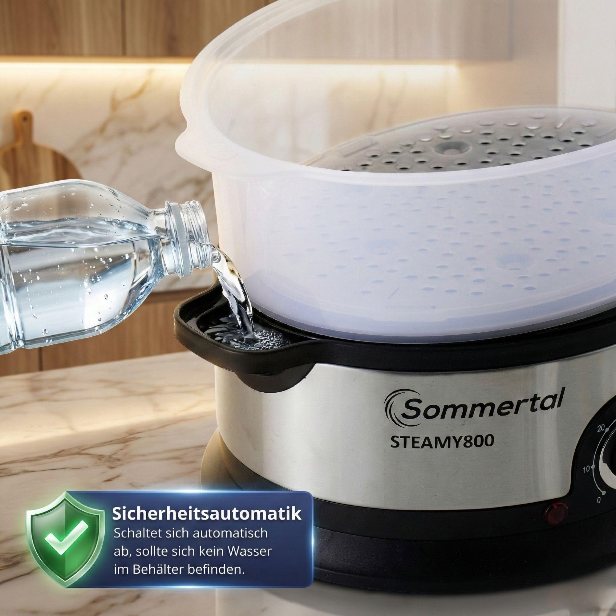 Sommertal Steamy800 Ammortizzatore 800 W 3 strati pentola senza BPA regolabile 0-60 min. Lavabile in lavastoviglie in plastica